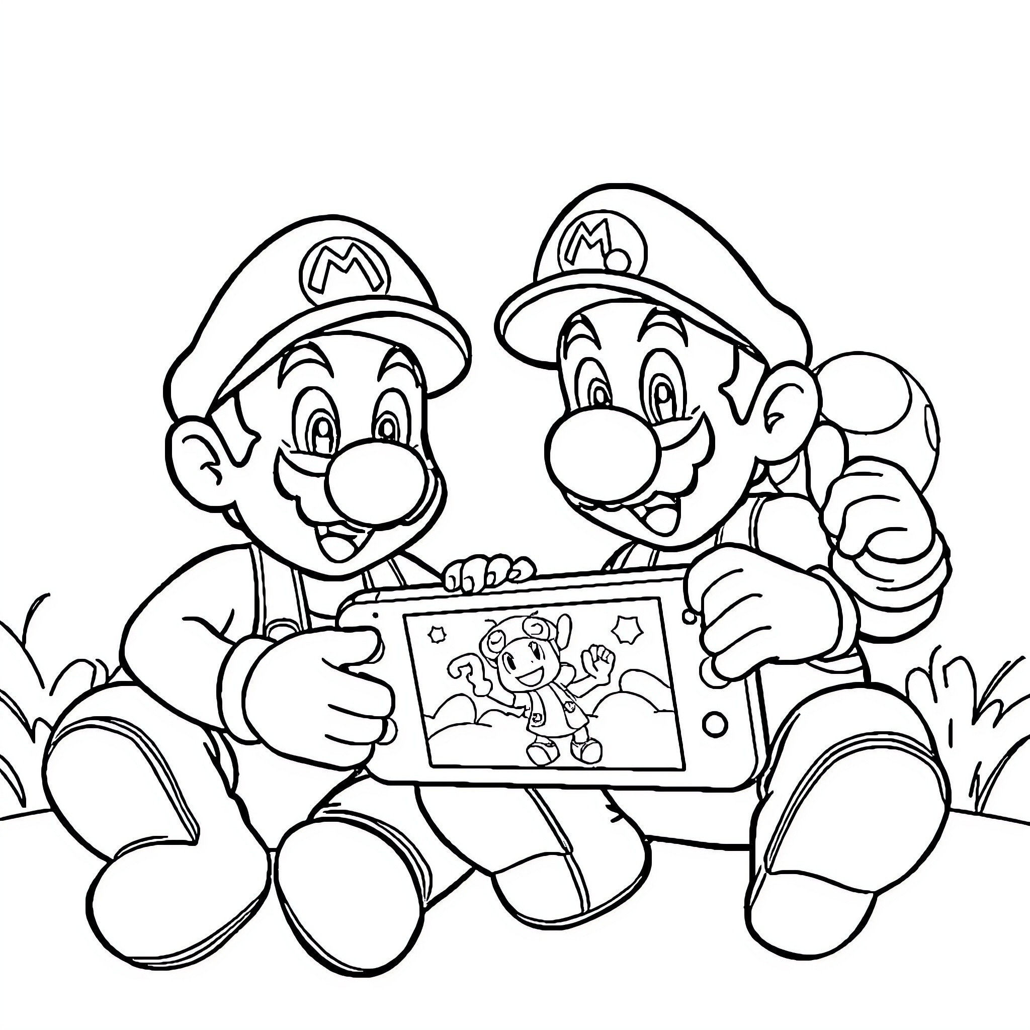 Mario and Luigi playing with a video game Coloring Page (free black-and-white line drawing printable PDF for all, from beginners to advanced learners, including children, teens, adults, and seniors)