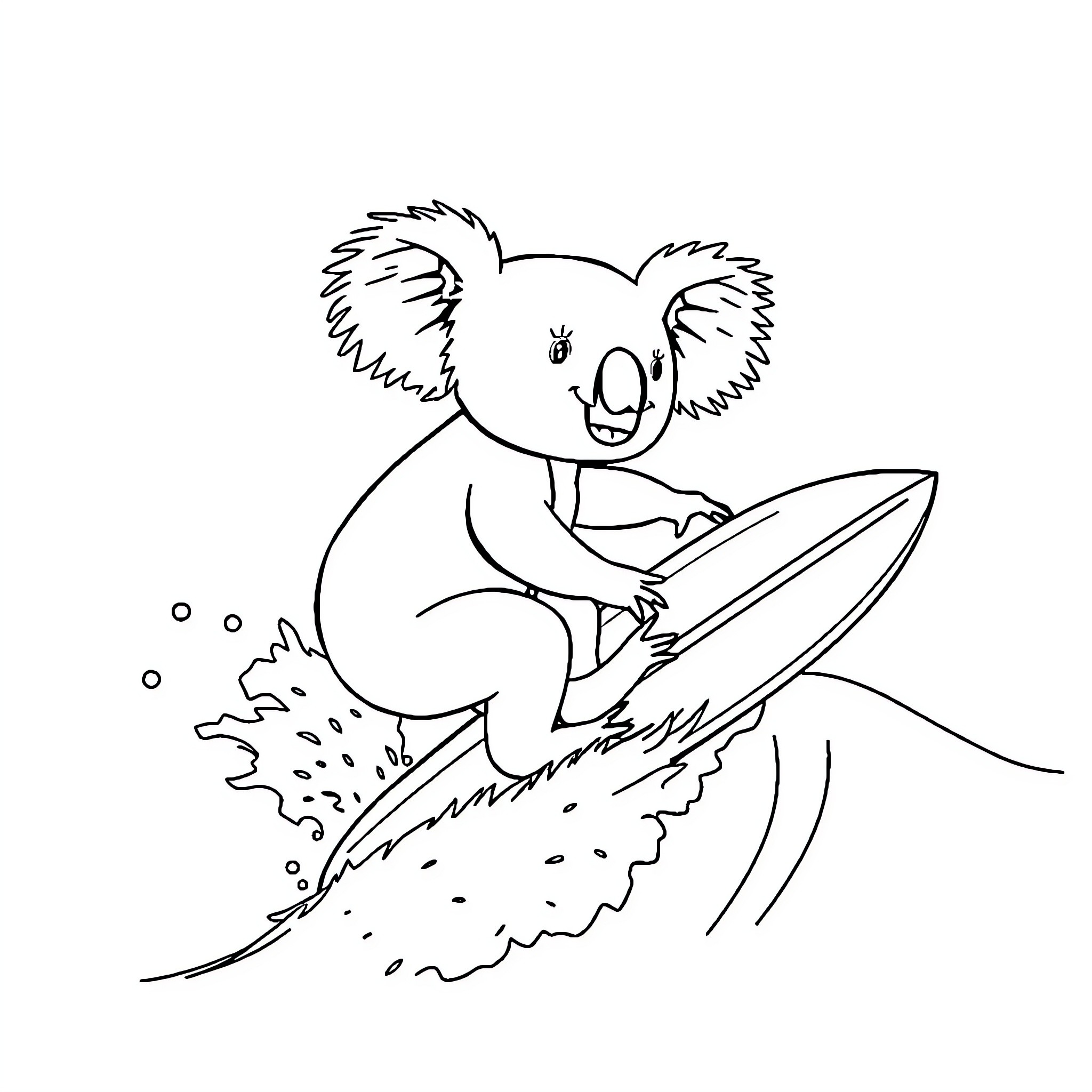 Koala surfing on a wave Coloring Page (free black-and-white line drawing printable PDF for all, from beginners to advanced learners, including children, teens, adults, and seniors)