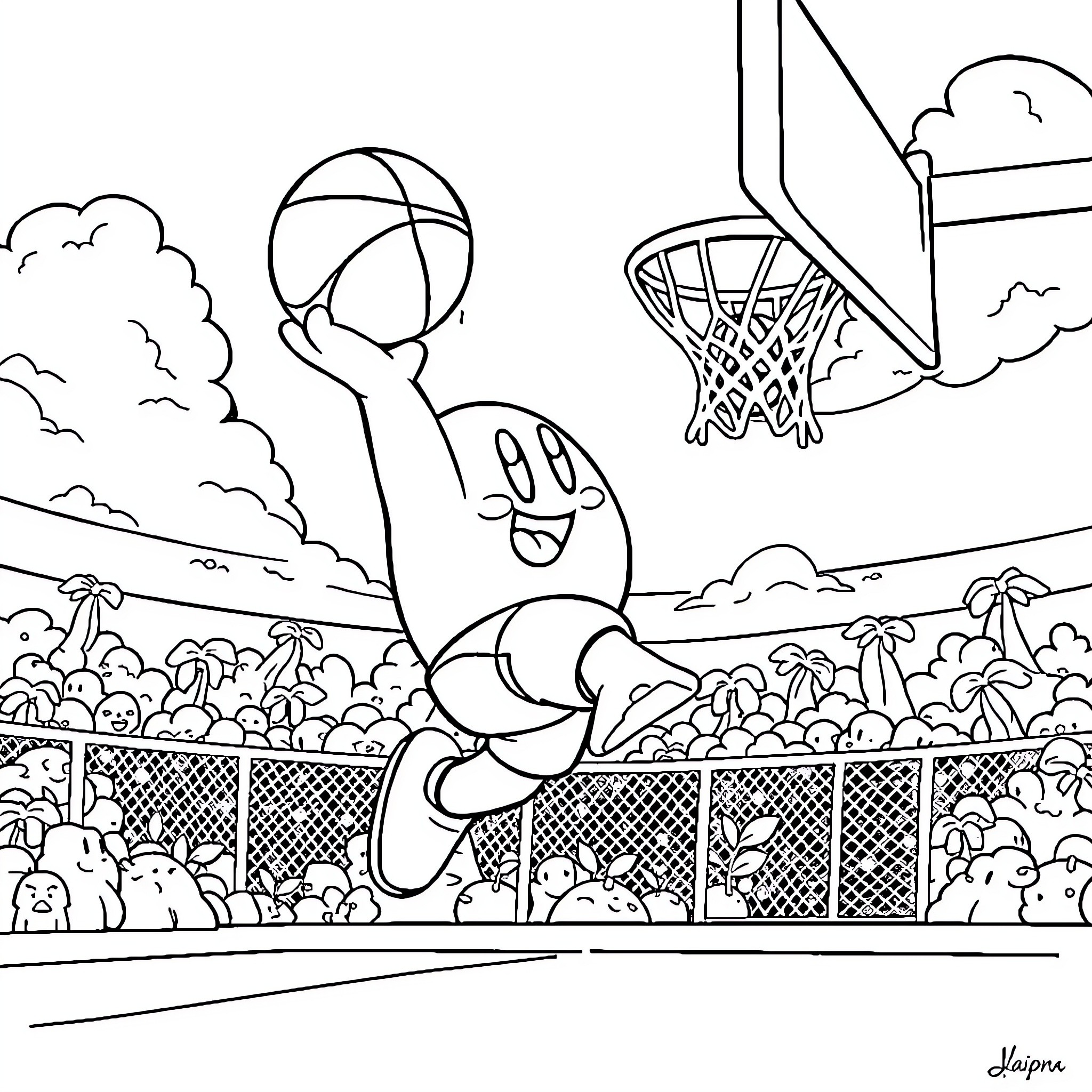 Kirby playing basketball in a sports arena Coloring Page (free black-and-white line drawing printable PDF for all, from beginners to advanced learners, including children, teens, adults, and seniors)