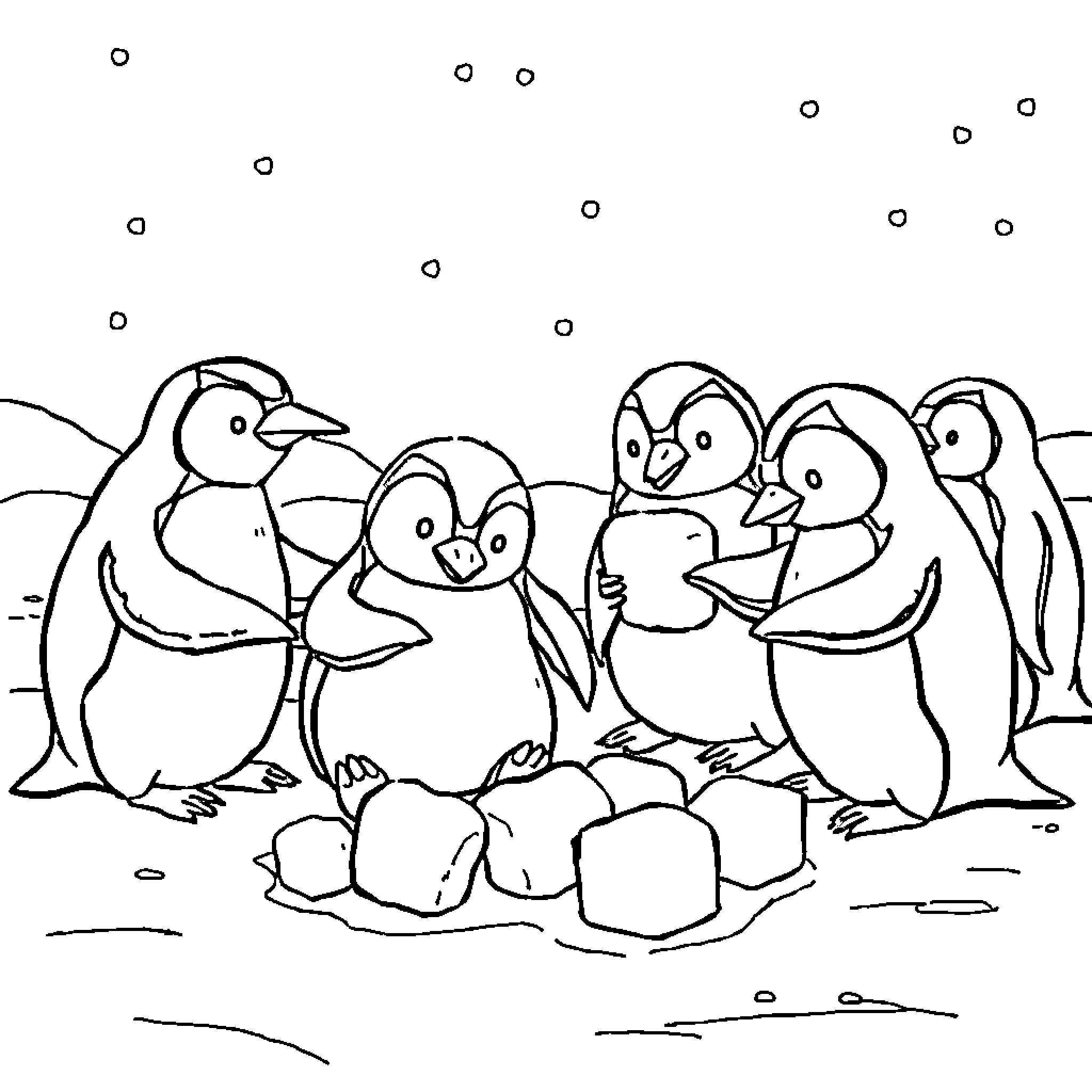 Penguin family playing together in the snow Coloring Page (free black-and-white line drawing printable PDF for all, from beginners to advanced learners, including children, teens, adults, and seniors)