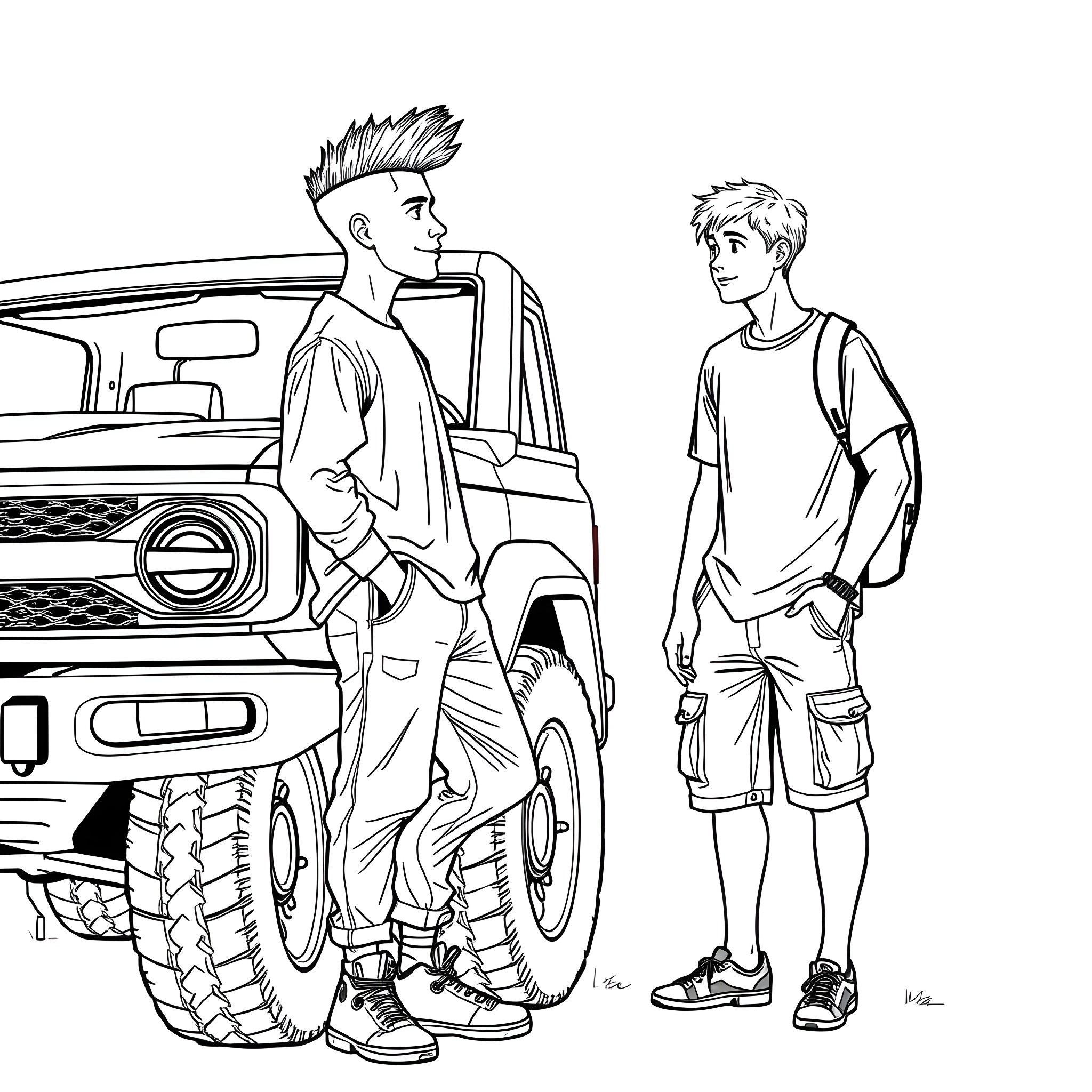 Teen Guys Looking at Old Truck Coloring Page (free black-and-white line drawing printable PDF for all, from beginners to advanced learners, including children, teens, adults, and seniors)