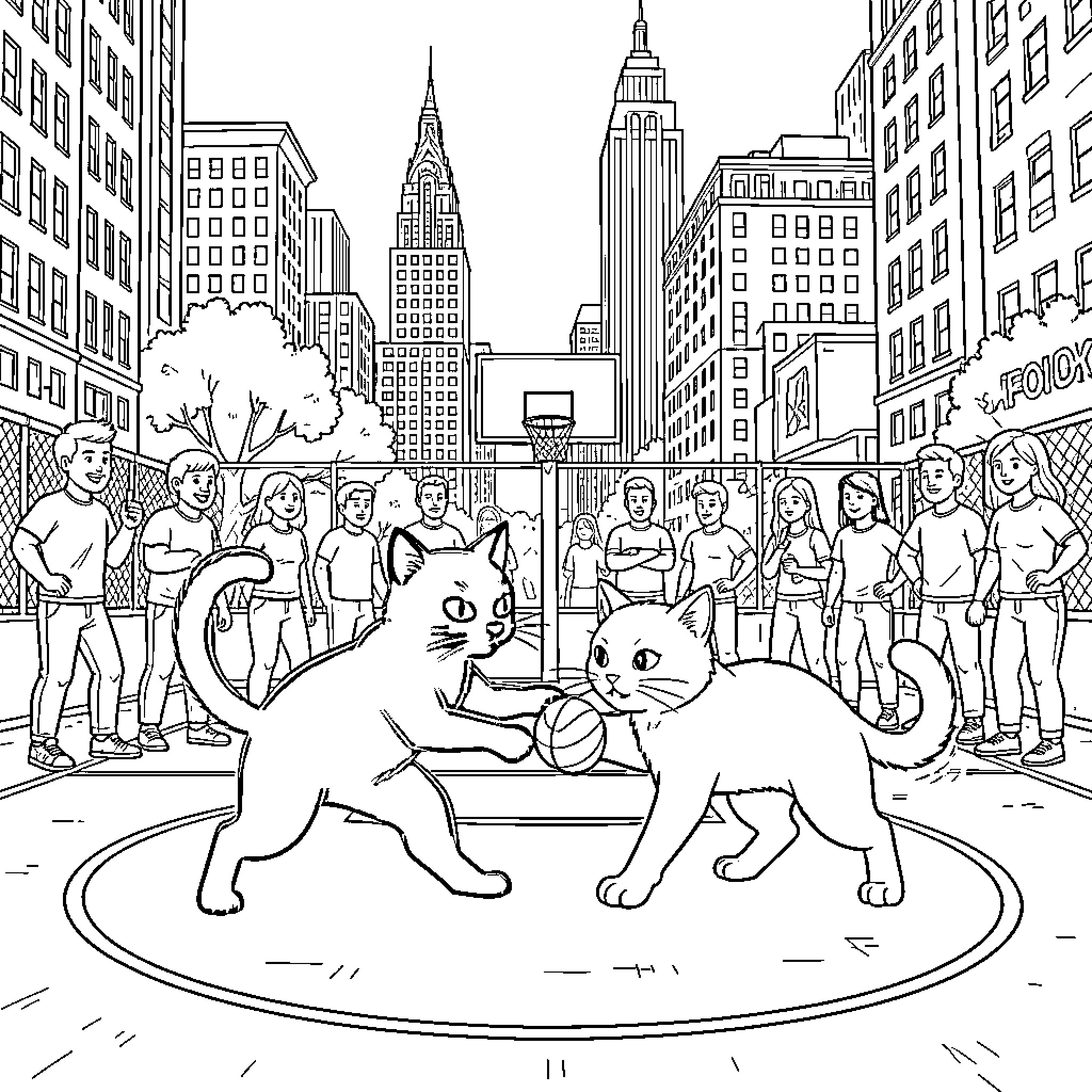 Gato cats playing in the city plaza Coloring Page (free black-and-white line drawing printable PDF for all, from beginners to advanced learners, including children, teens, adults, and seniors)