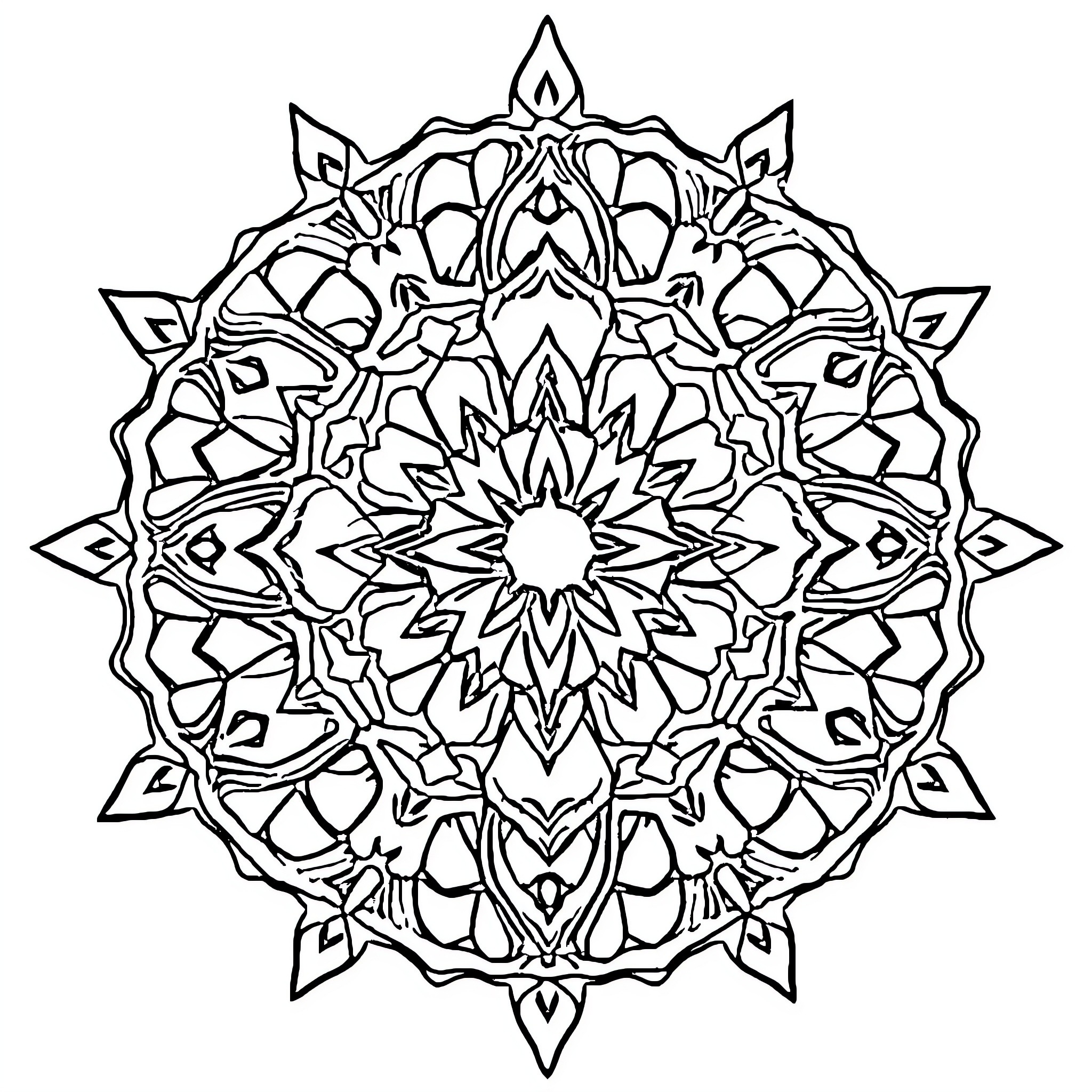 Mandala with intricate floral and geometric patterns Coloring Page (free black-and-white line drawing printable PDF for all, from beginners to advanced learners, including children, teens, adults, and seniors)