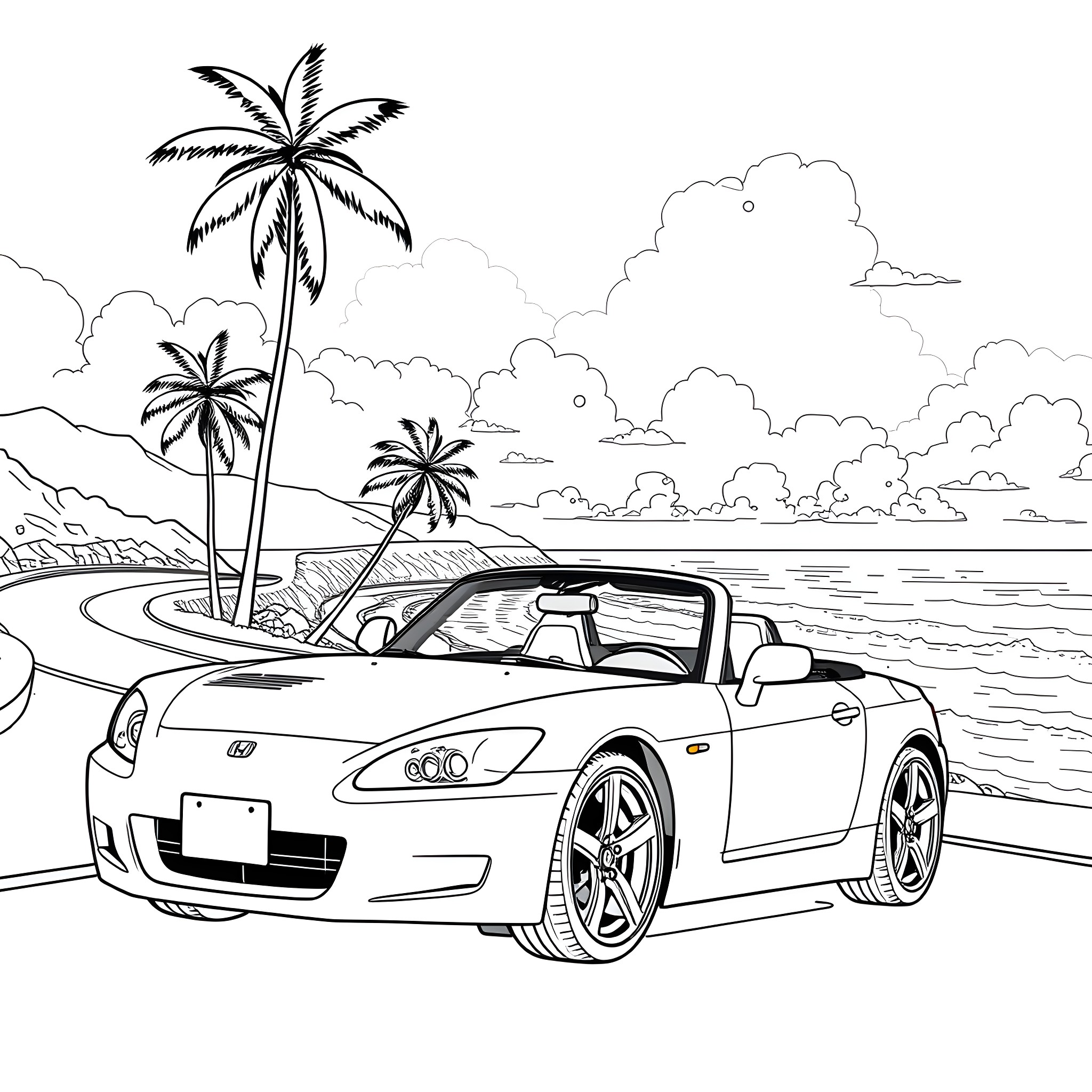 Honda S2000 convertible on tropical beach Coloring Page (free black-and-white line drawing printable PDF for all, from beginners to advanced learners, including children, teens, adults, and seniors)