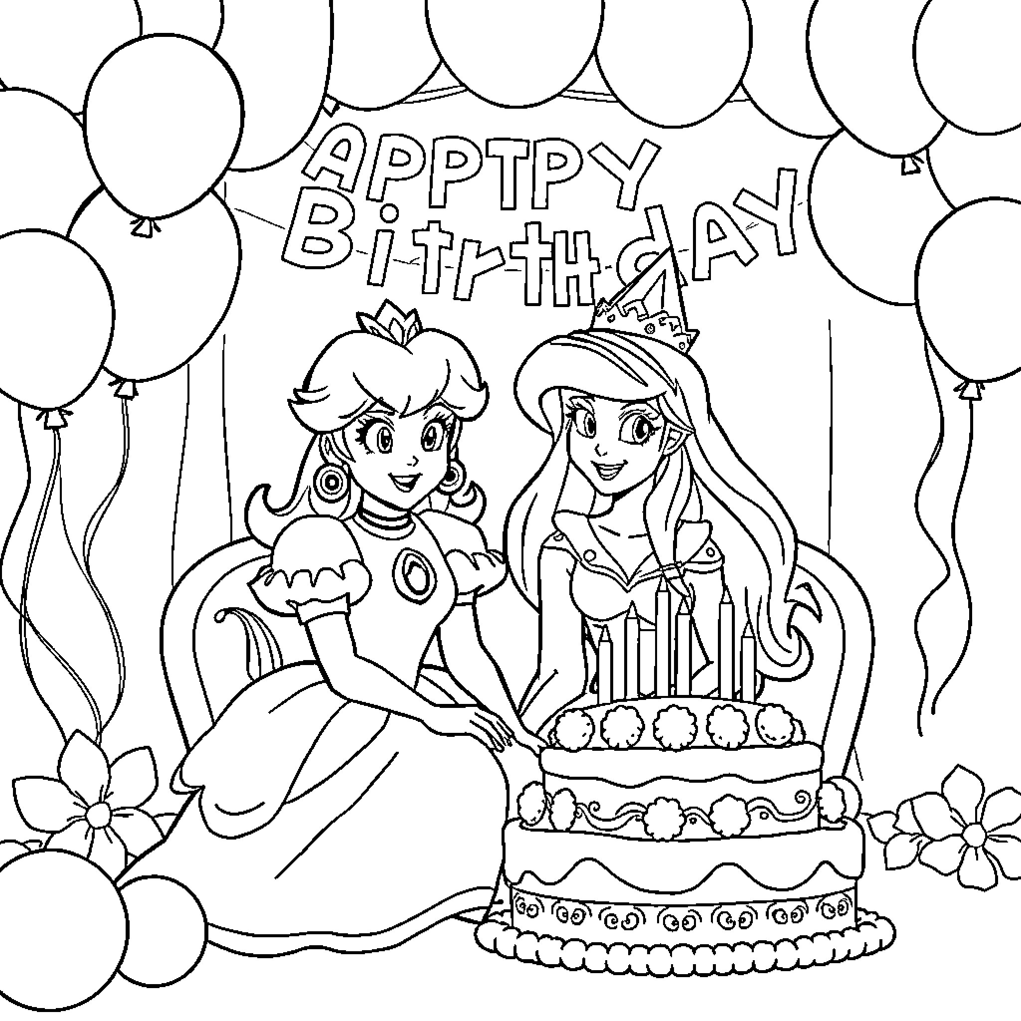Princess Celebrates Birthday with Friend Coloring Page (free black-and-white line drawing printable PDF for all, from beginners to advanced learners, including children, teens, adults, and seniors)