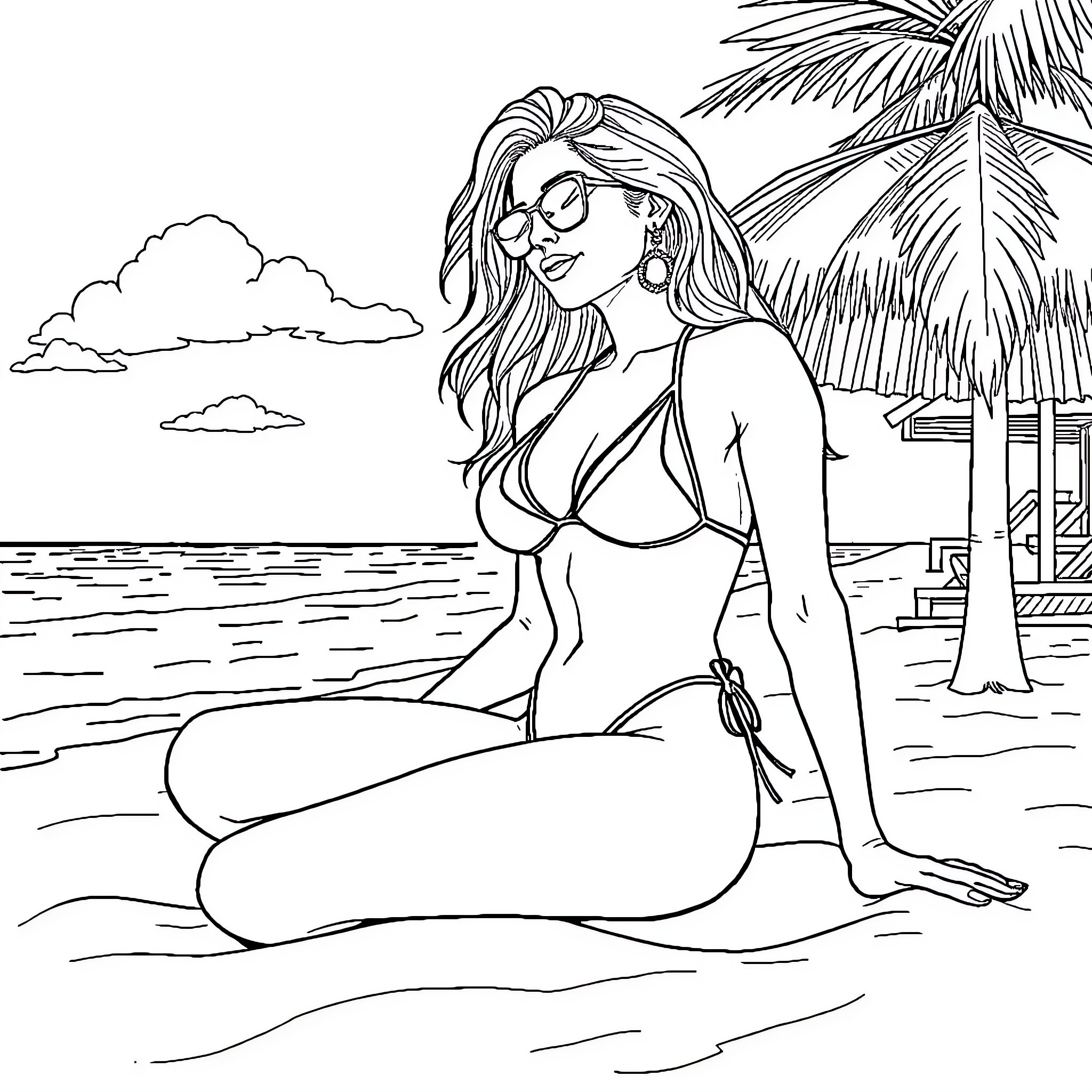 Woman relaxing on the beach Coloring Page (free black-and-white line drawing printable PDF for all, from beginners to advanced learners, including children, teens, adults, and seniors)