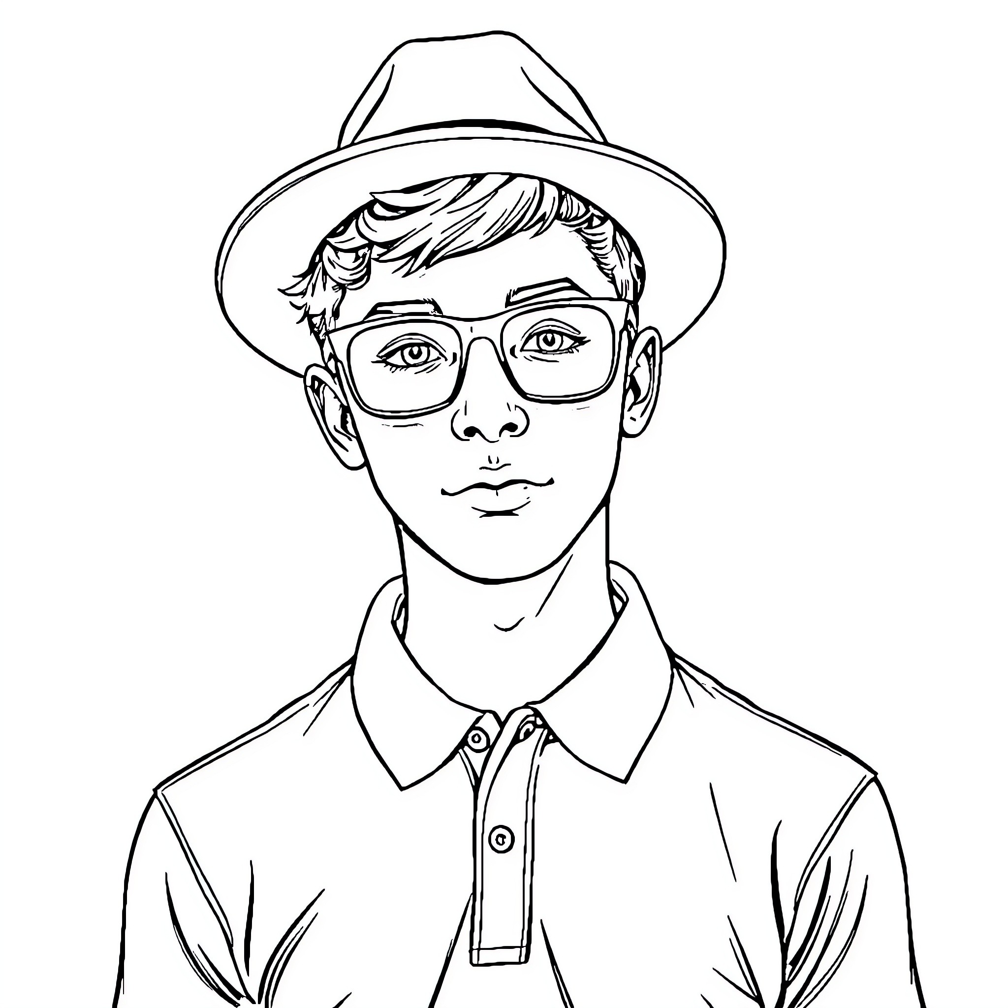 Man wearing glasses and hat with serious expression Coloring Page (free black-and-white line drawing printable PDF for all, from beginners to advanced learners, including children, teens, adults, and seniors)