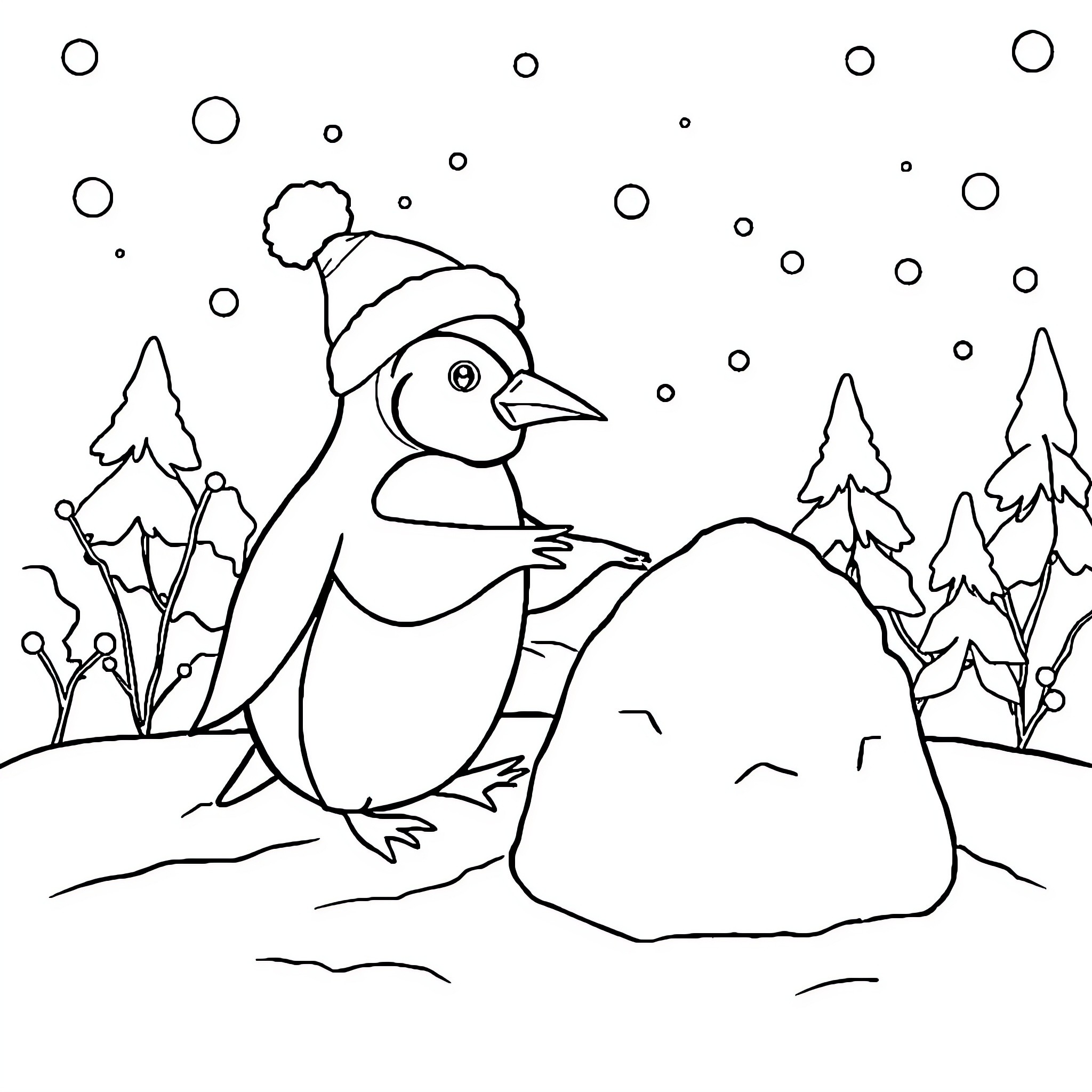 Penguin exploring snowy winter landscape Coloring Page (free black-and-white line drawing printable PDF for all, from beginners to advanced learners, including children, teens, adults, and seniors)