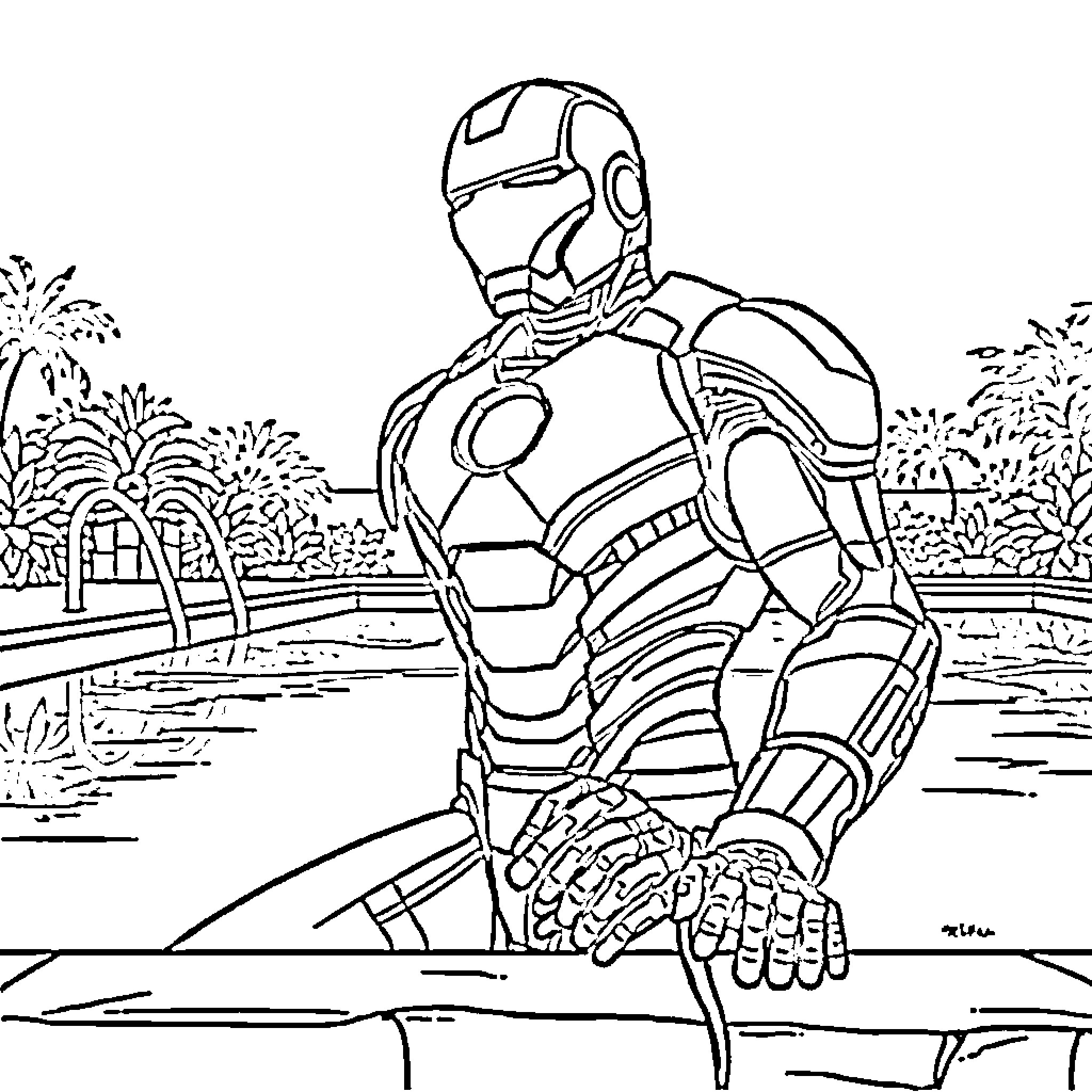 Ironman standing heroically by a tropical pool Coloring Page (free black-and-white line drawing printable PDF for all, from beginners to advanced learners, including children, teens, adults, and seniors)