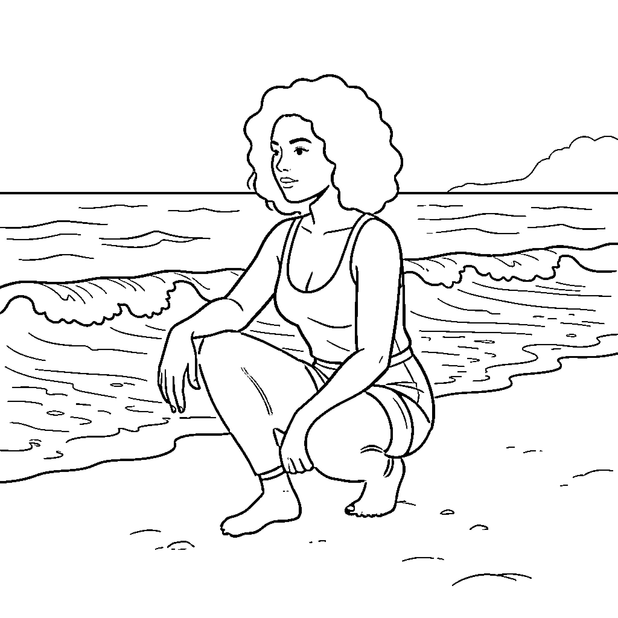 Woman resting on the beach Coloring Page (free black-and-white line drawing printable PDF for all, from beginners to advanced learners, including children, teens, adults, and seniors)