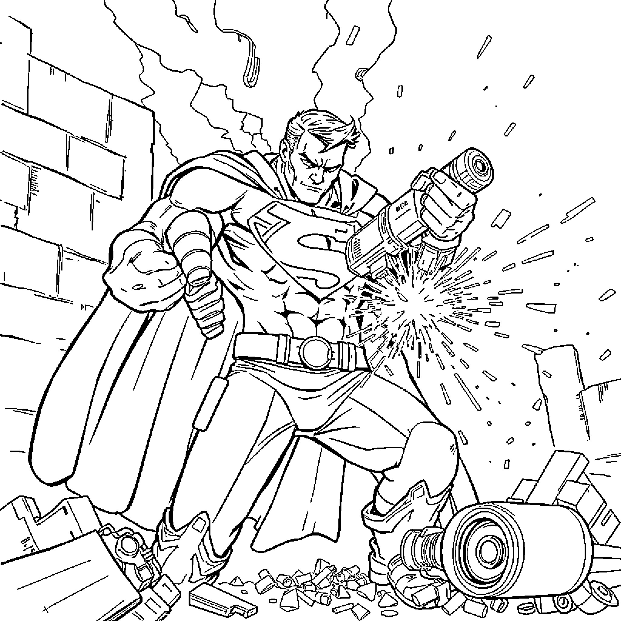 Superman breaking through a wall with power Coloring Page (free black-and-white line drawing printable PDF for all, from beginners to advanced learners, including children, teens, adults, and seniors)