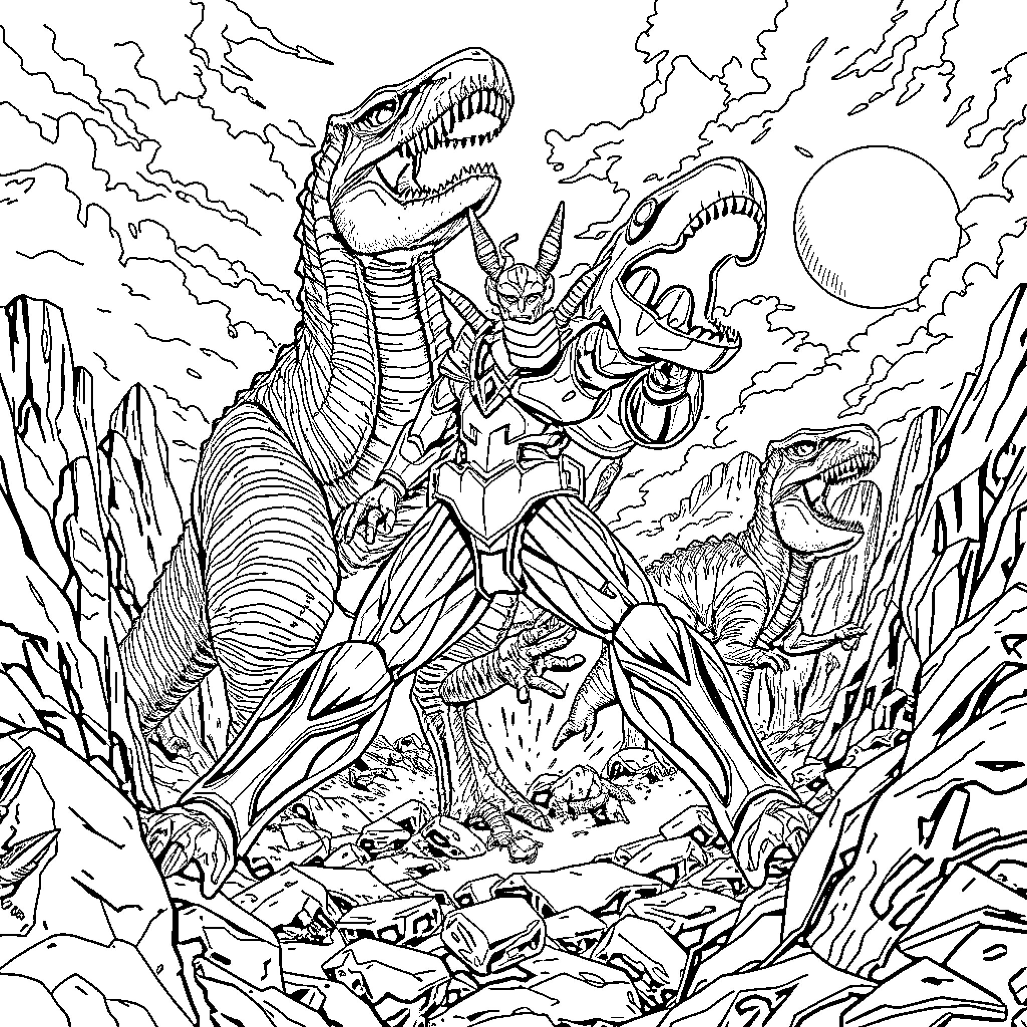 Ultraman battles fierce prehistoric creatures Coloring Page (free black-and-white line drawing printable PDF for all, from beginners to advanced learners, including children, teens, adults, and seniors)