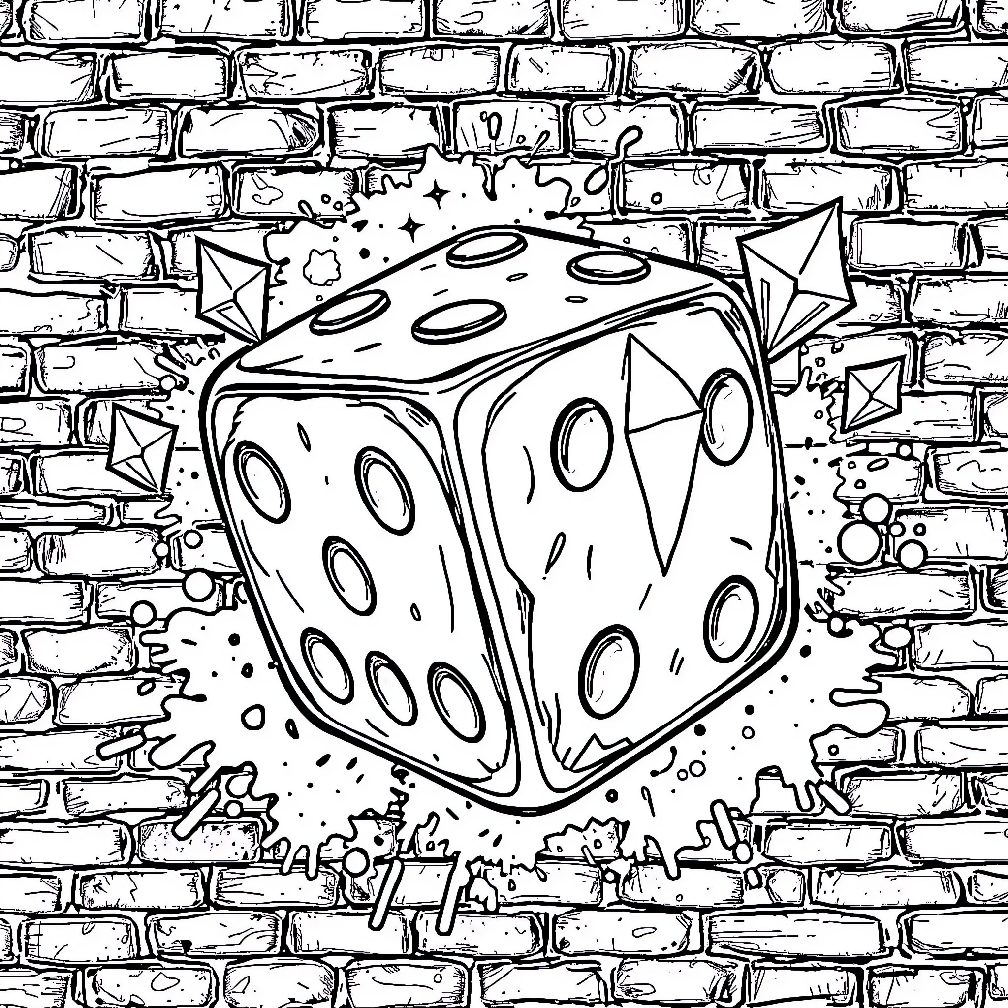 Dice floating over brick wall with stars Coloring Page (free black-and-white line drawing printable PDF for all, from beginners to advanced learners, including children, teens, adults, and seniors)