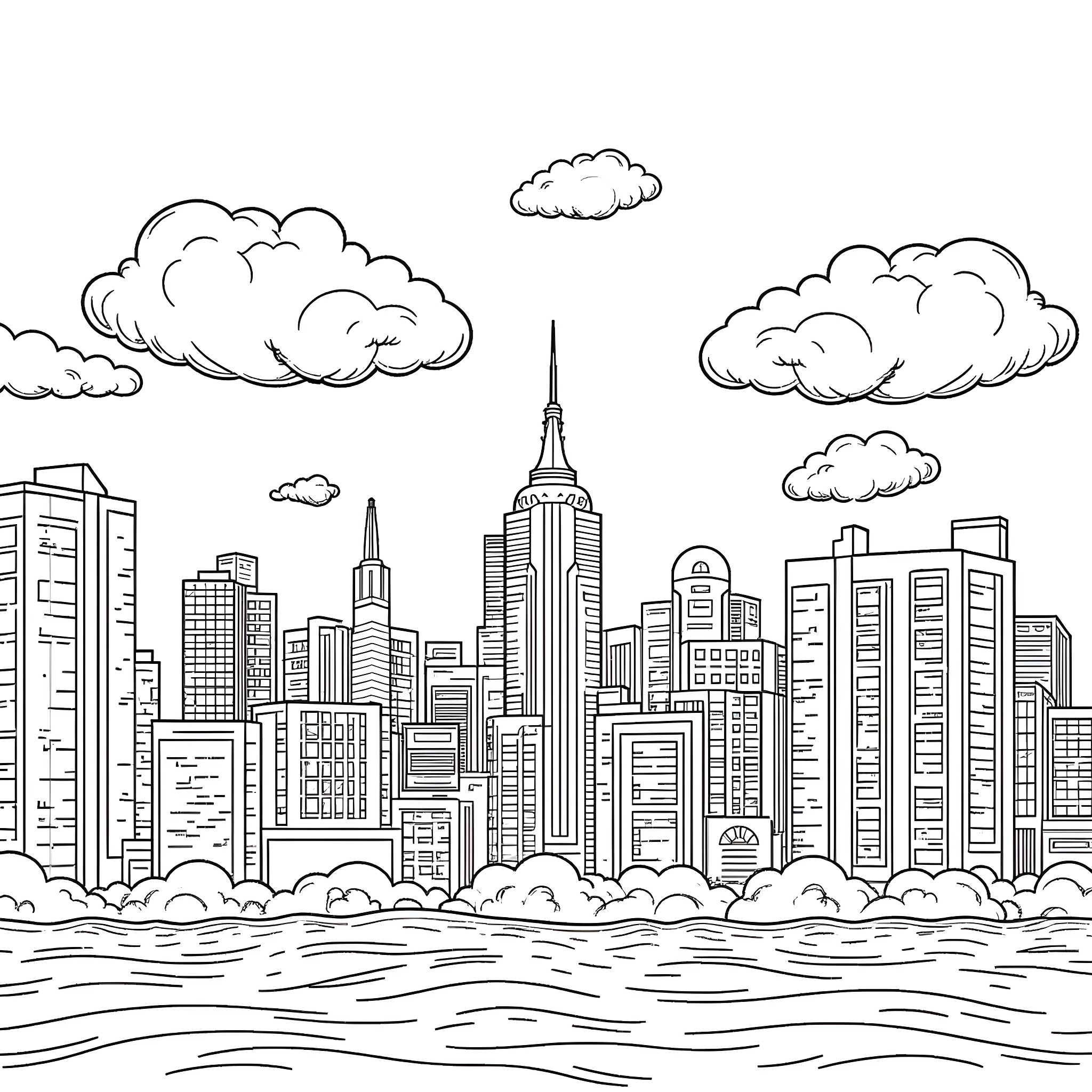 Cityscape of bustling metropolitan skyline Coloring Page (free black-and-white line drawing printable PDF for all, from beginners to advanced learners, including children, teens, adults, and seniors)