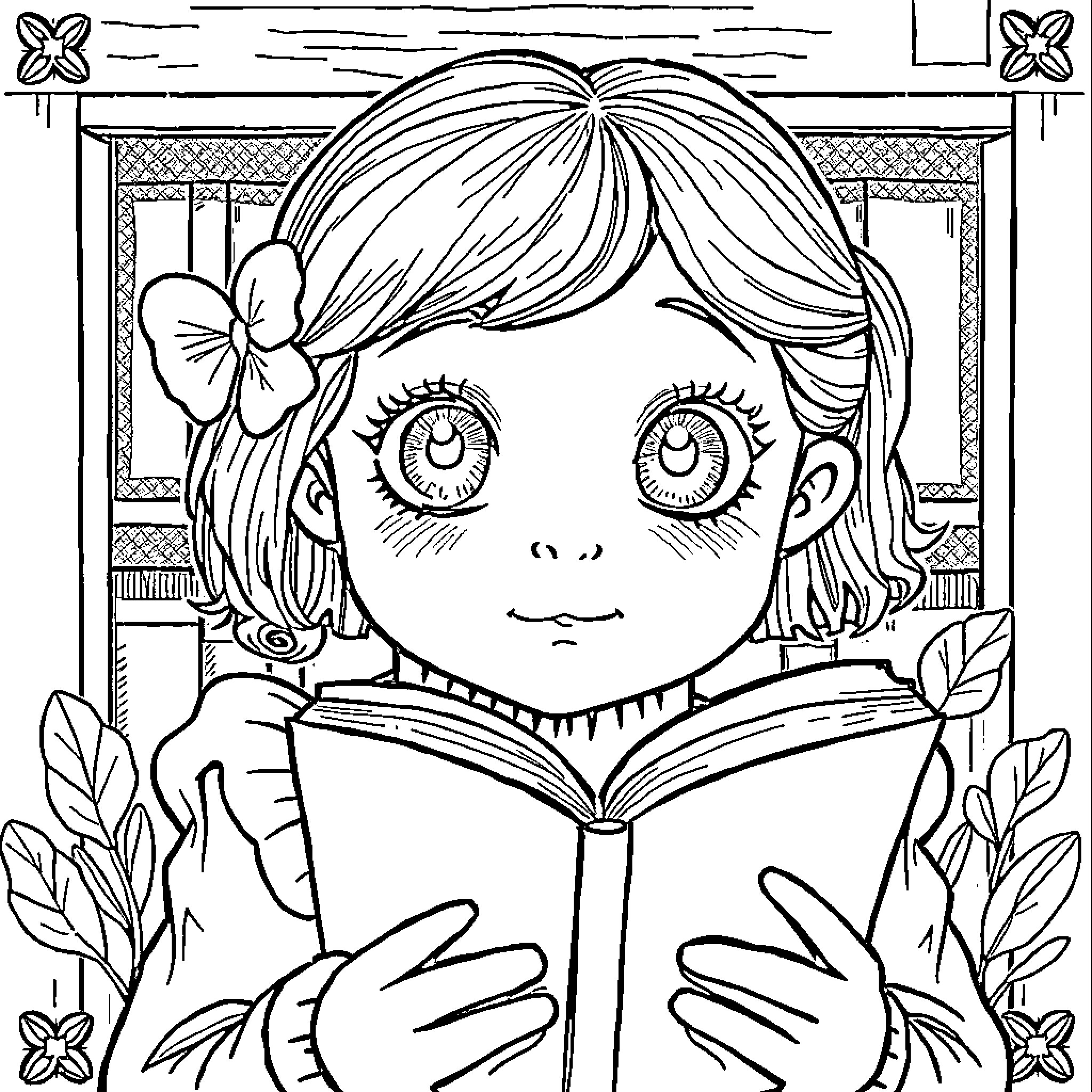 Matilda reading a book with a floral headband Coloring Page (free black-and-white line drawing printable PDF for all, from beginners to advanced learners, including children, teens, adults, and seniors)