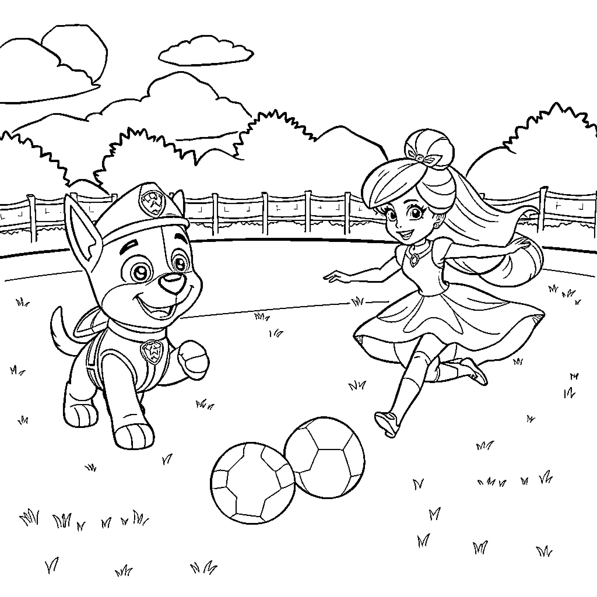 Paw Patrol characters playing with soccer balls in the park Coloring Page (free black-and-white line drawing printable PDF for all, from beginners to advanced learners, including children, teens, adults, and seniors)