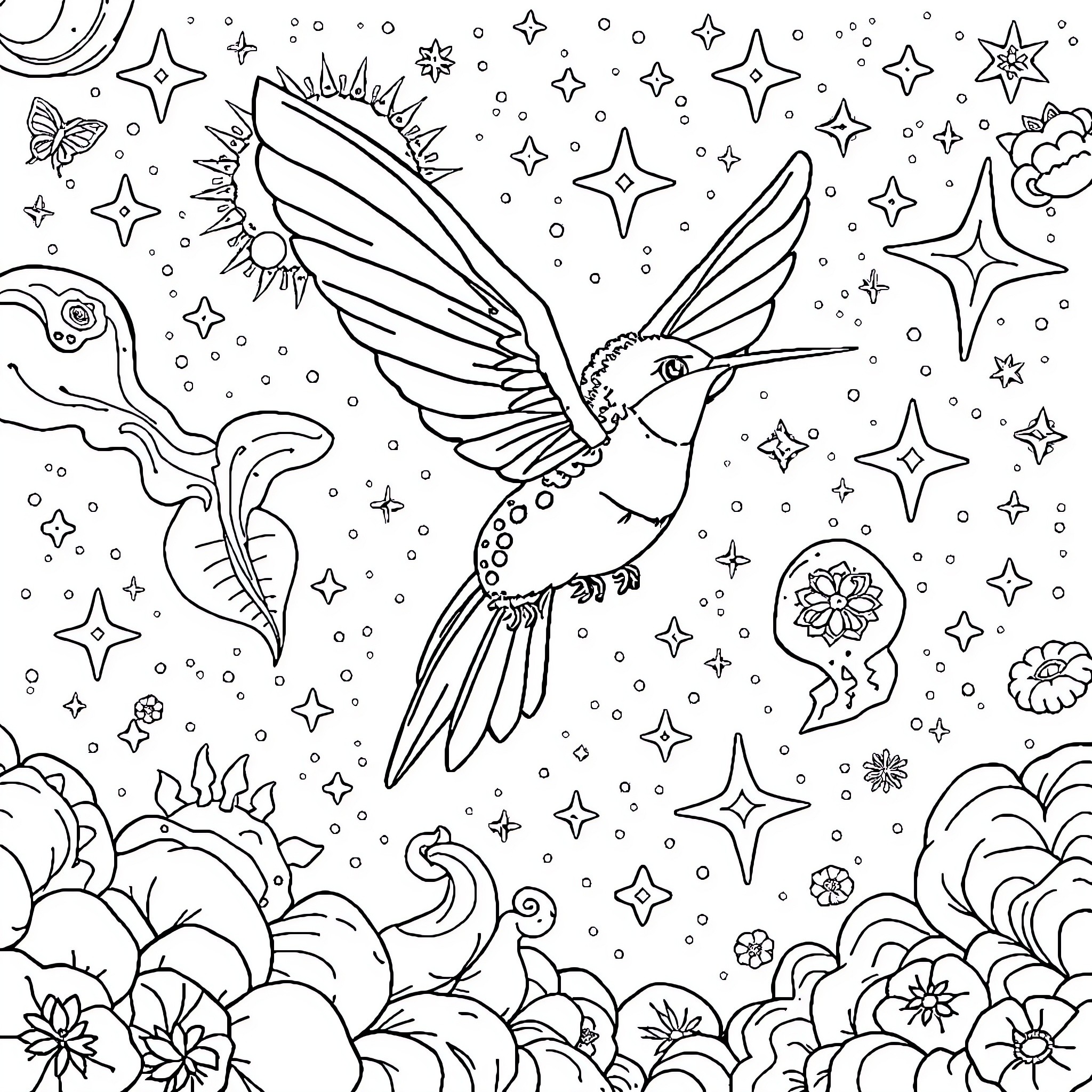 Hummingbird soaring amidst stars and flowers Coloring Page (free black-and-white line drawing printable PDF for all, from beginners to advanced learners, including children, teens, adults, and seniors)