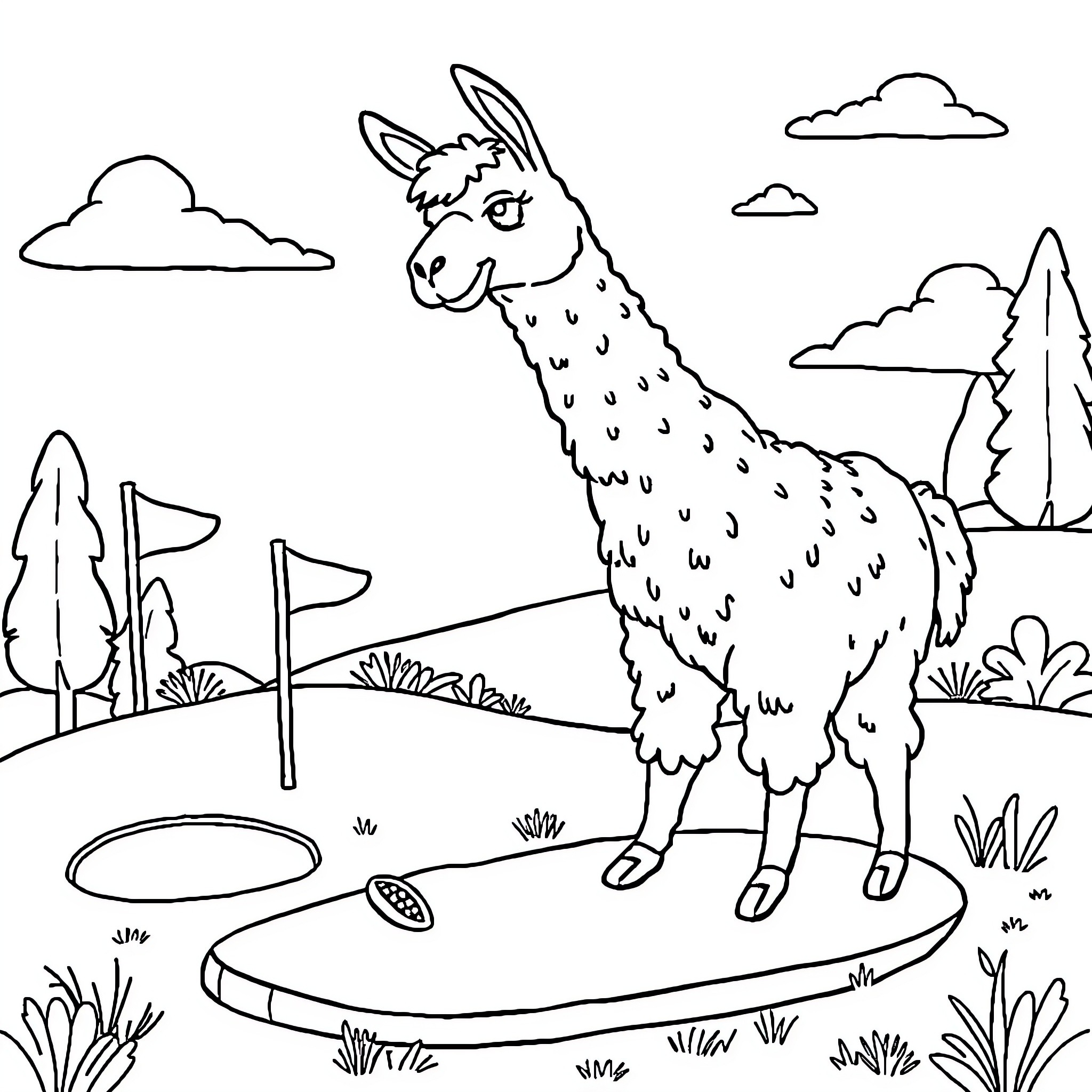 Llama playing golf on a grassy field Coloring Page (free black-and-white line drawing printable PDF for all, from beginners to advanced learners, including children, teens, adults, and seniors)