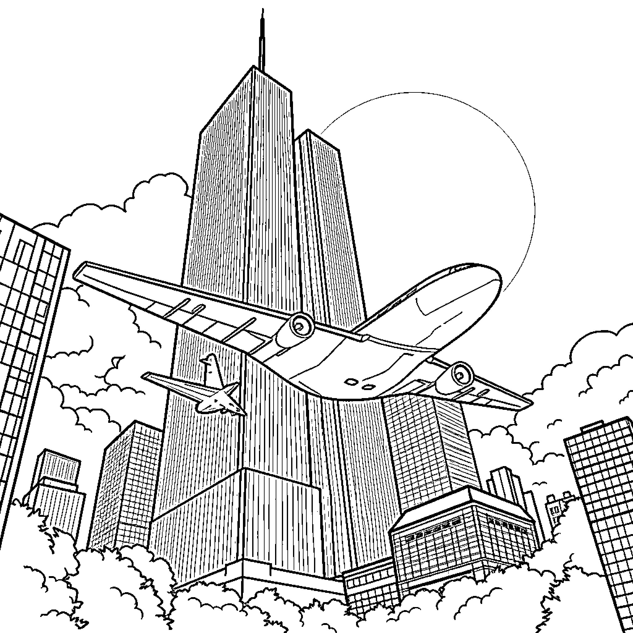 Plane flying over skyscrapers in the city Coloring Page (free black-and-white line drawing printable PDF for all, from beginners to advanced learners, including children, teens, adults, and seniors)
