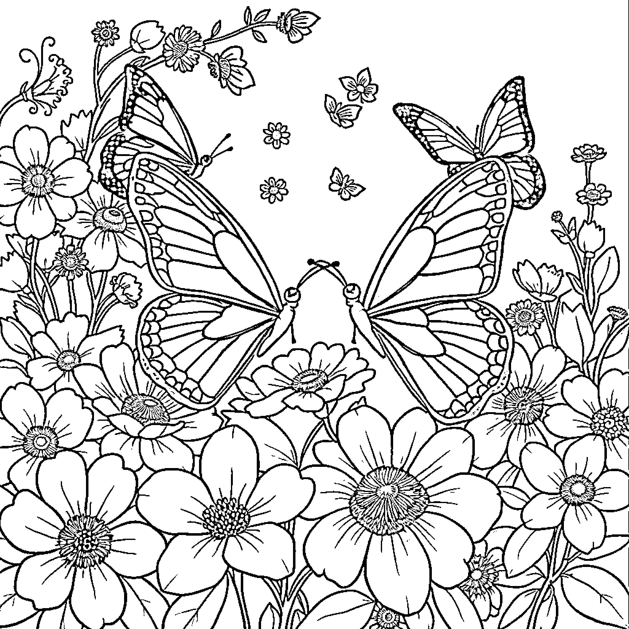 Butterfly garden with intricate floral patterns Coloring Page (free black-and-white line drawing printable PDF for all, from beginners to advanced learners, including children, teens, adults, and seniors)