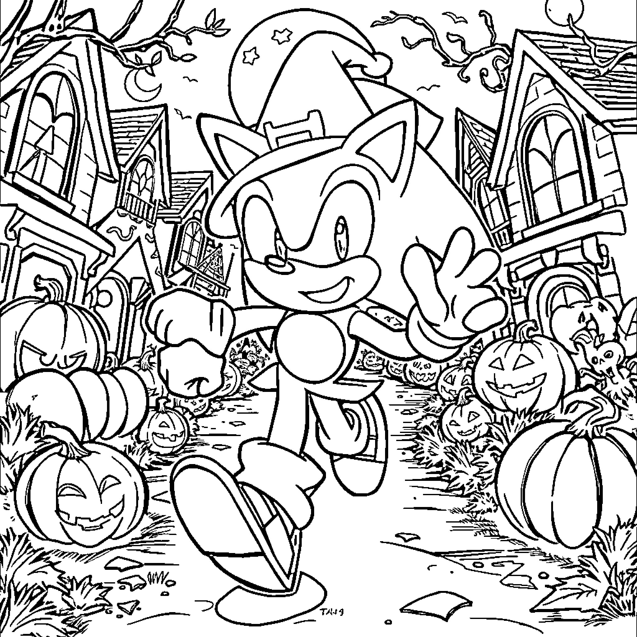 Sonic's Spooky Halloween Adventure Coloring Page (free black-and-white line drawing printable PDF for all, from beginners to advanced learners, including children, teens, adults, and seniors)