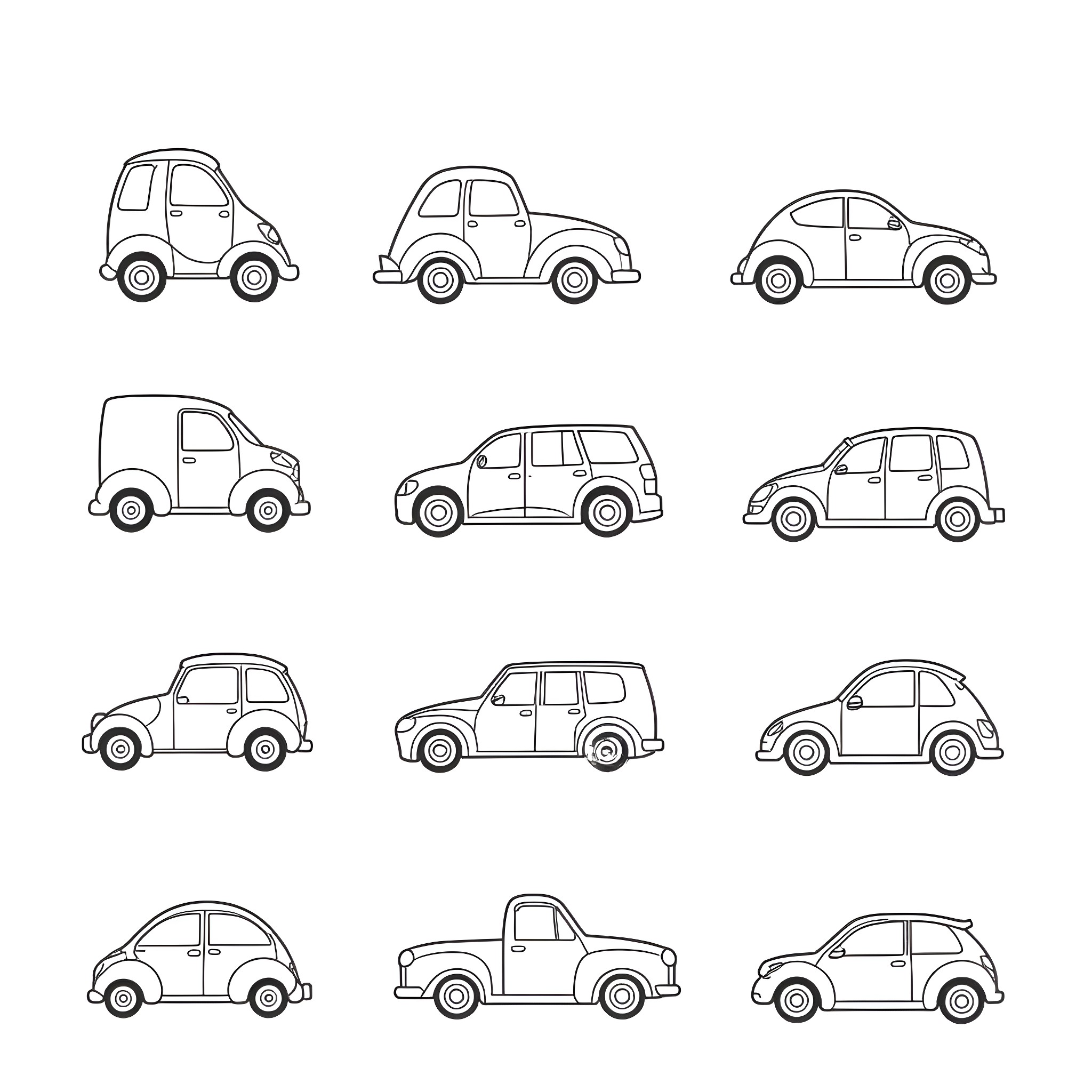 Variety of stylized car illustrations Coloring Page (free black-and-white line drawing printable PDF for all, from beginners to advanced learners, including children, teens, adults, and seniors)