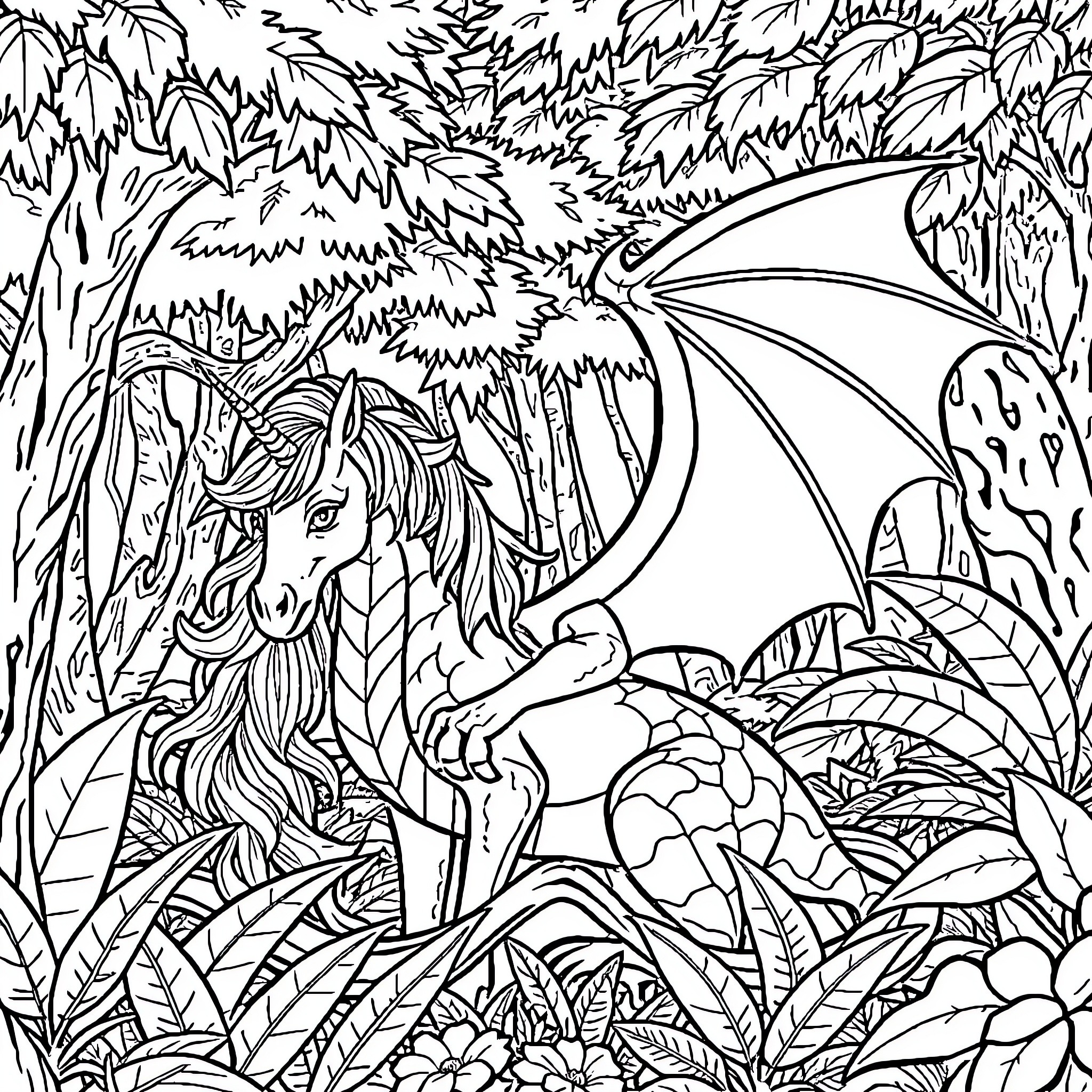 Dragon resting among enchanting foliage Coloring Page (free black-and-white line drawing printable PDF for all, from beginners to advanced learners, including children, teens, adults, and seniors)