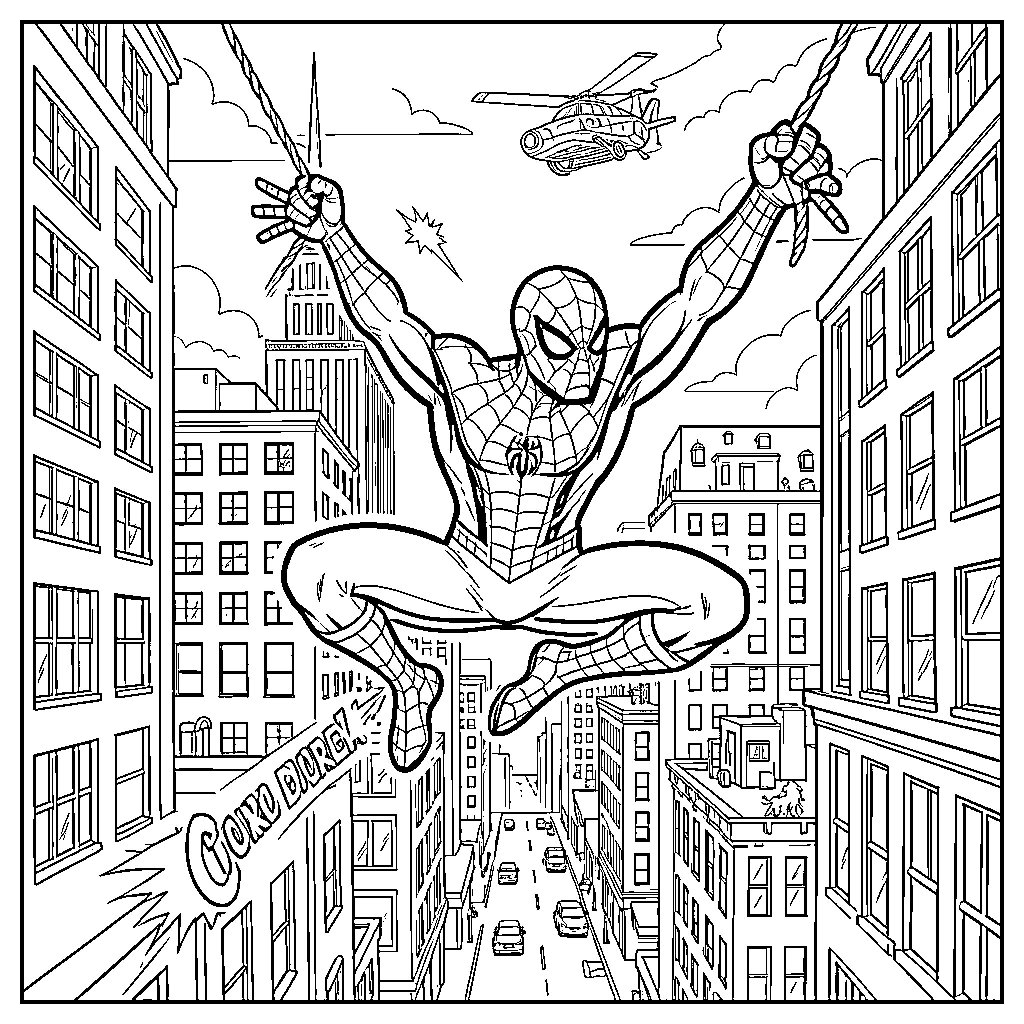 Spider-Man swinging through a busy city landscape Coloring Page (free black-and-white line drawing printable PDF for all, from beginners to advanced learners, including children, teens, adults, and seniors)