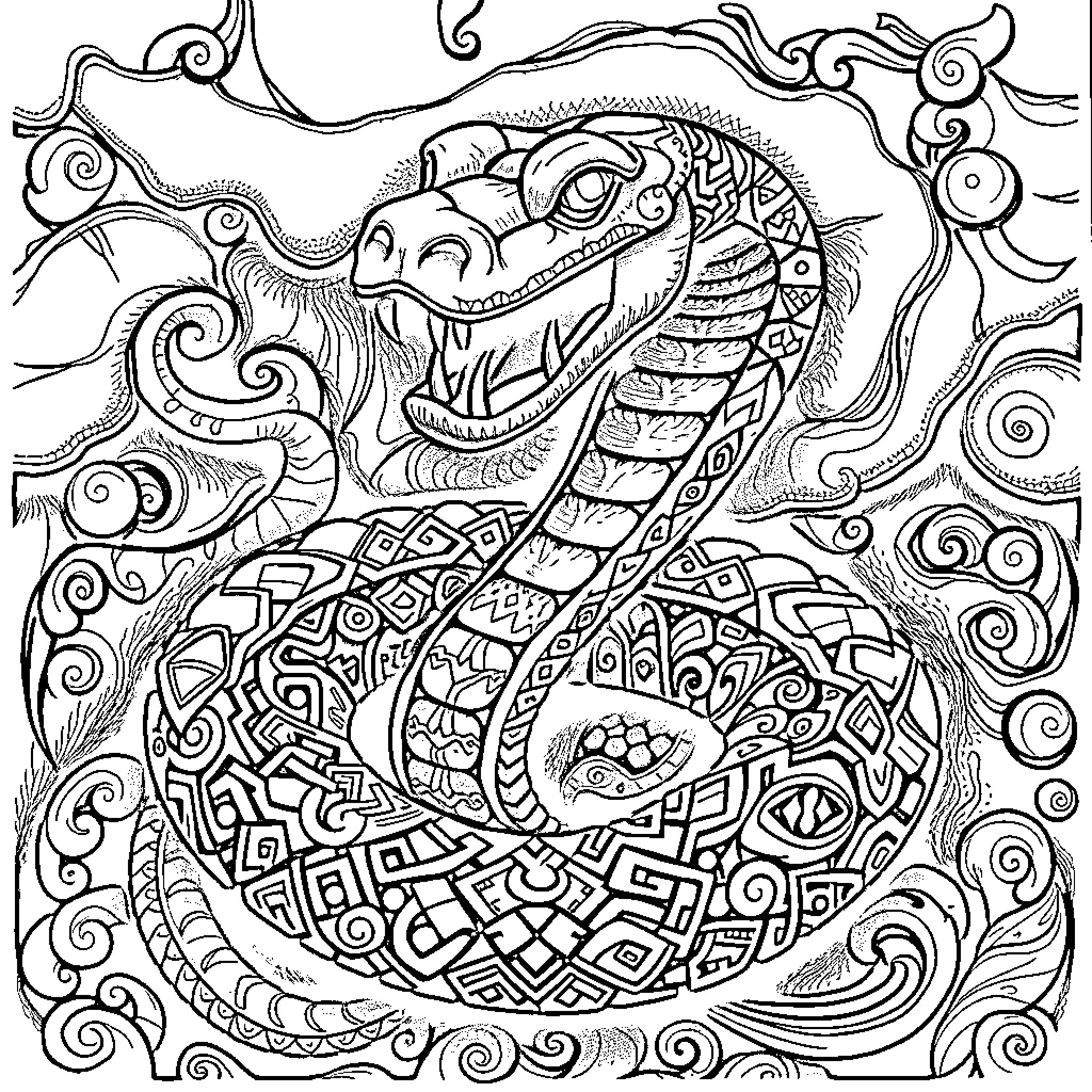 Snake coiled in intricate ornamental pattern Coloring Page (free black-and-white line drawing printable PDF for all, from beginners to advanced learners, including children, teens, adults, and seniors)