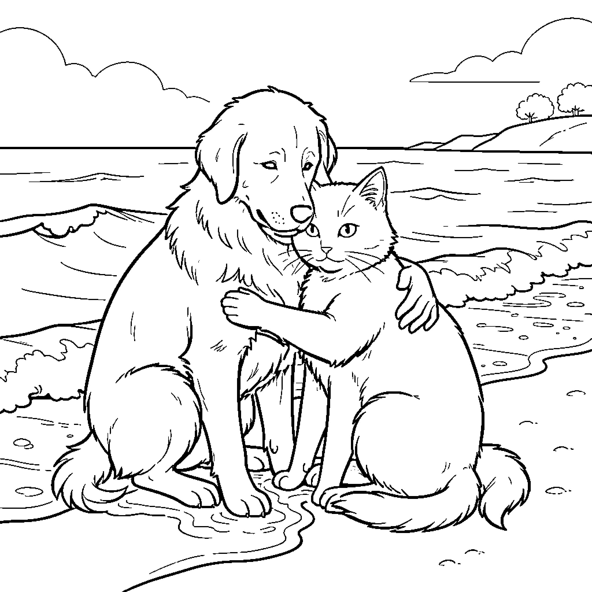 Dog and Cat playing together on the beach Coloring Page (free black-and-white line drawing printable PDF for all, from beginners to advanced learners, including children, teens, adults, and seniors)