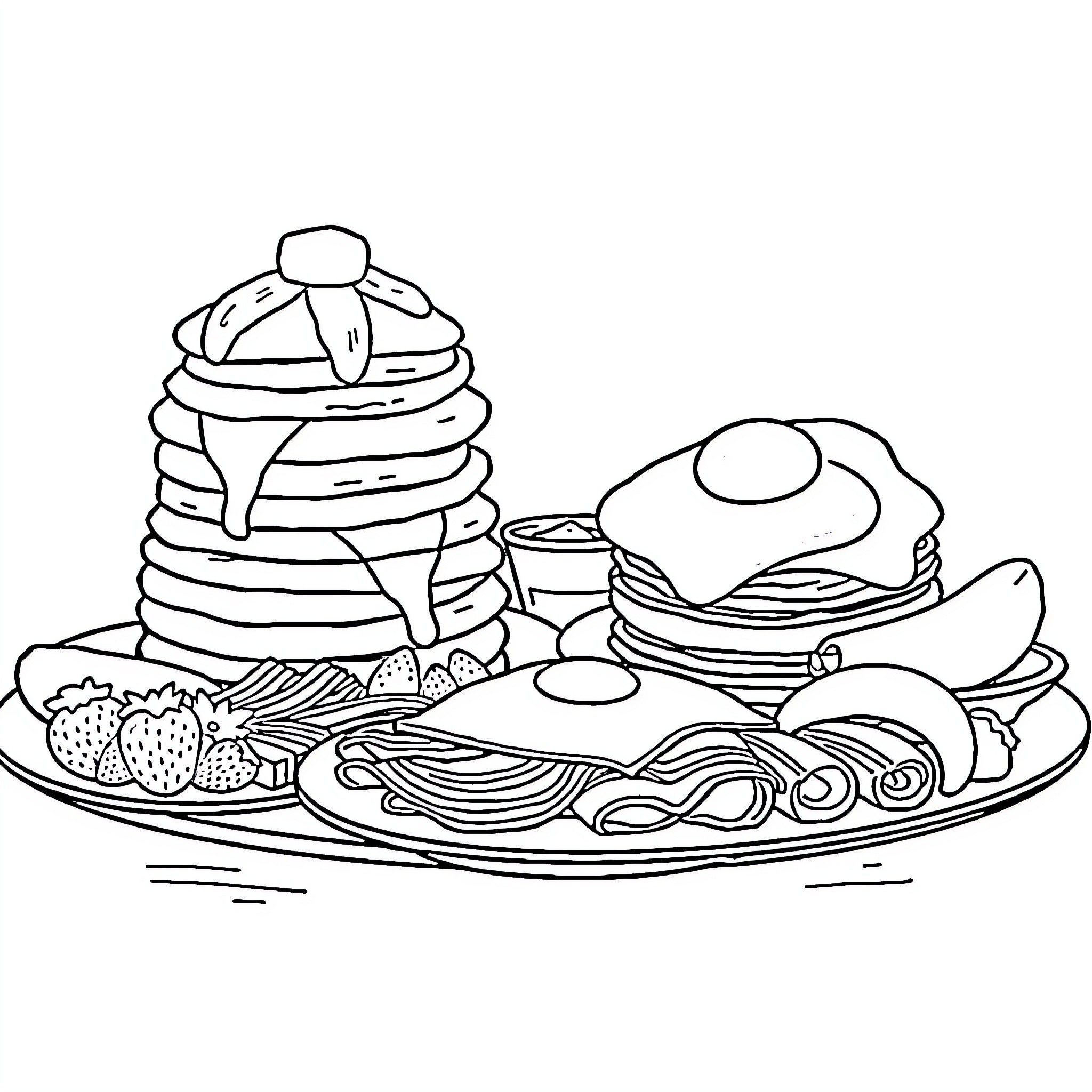 Breakfast Feast on the Table Coloring Page (free black-and-white line drawing printable PDF for all, from beginners to advanced learners, including children, teens, adults, and seniors)