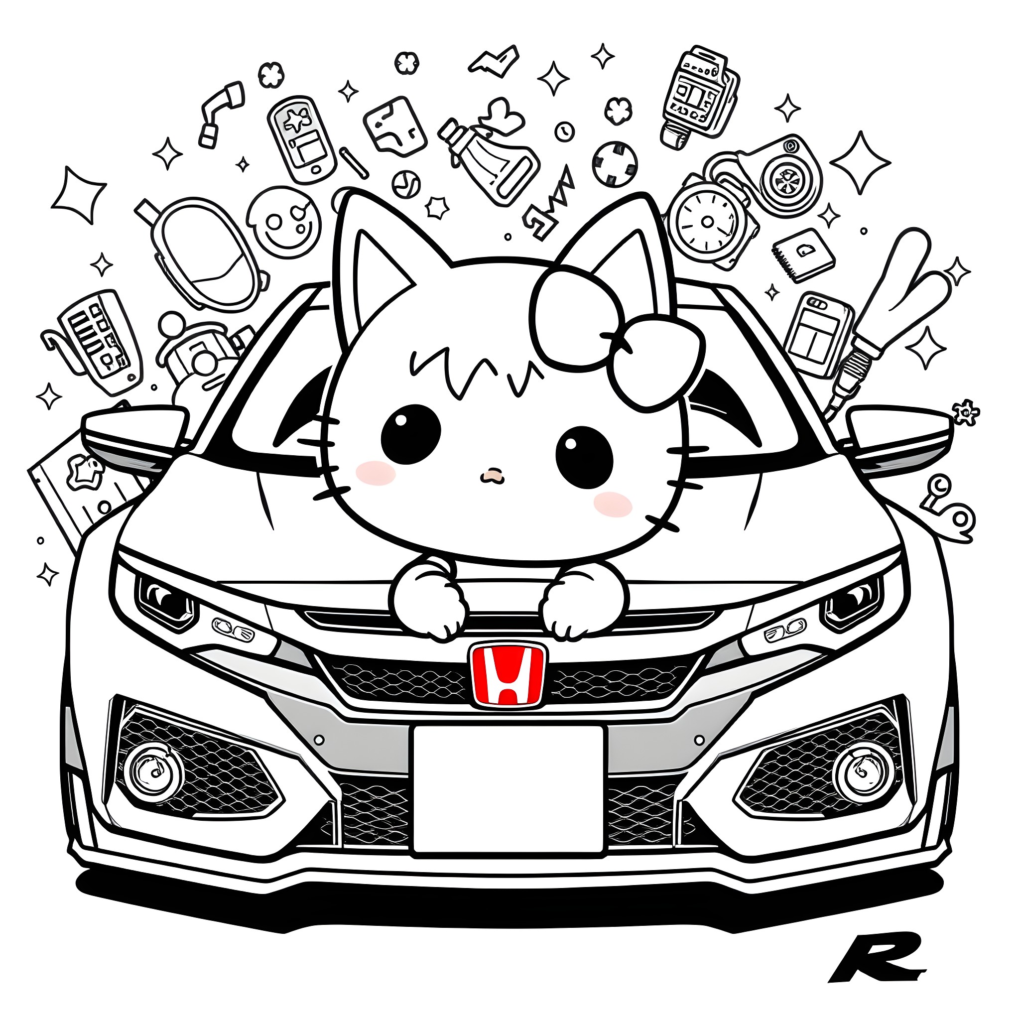 Kuromi in a Playful Car Adventure Coloring Page (free black-and-white line drawing printable PDF for all, from beginners to advanced learners, including children, teens, adults, and seniors)
