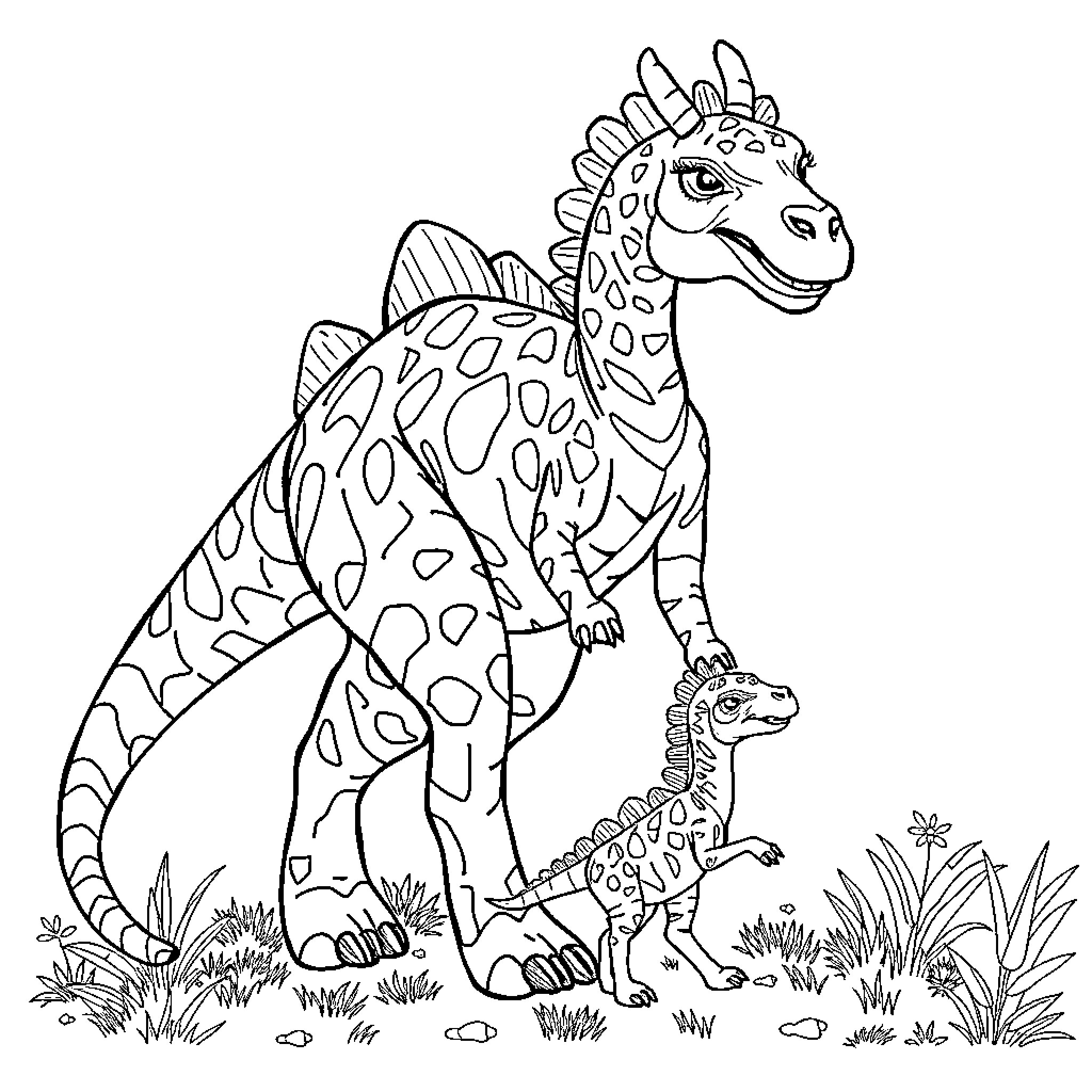 Brachiosaurus and baby brachiosaurus in nature Coloring Page (free black-and-white line drawing printable PDF for all, from beginners to advanced learners, including children, teens, adults, and seniors)