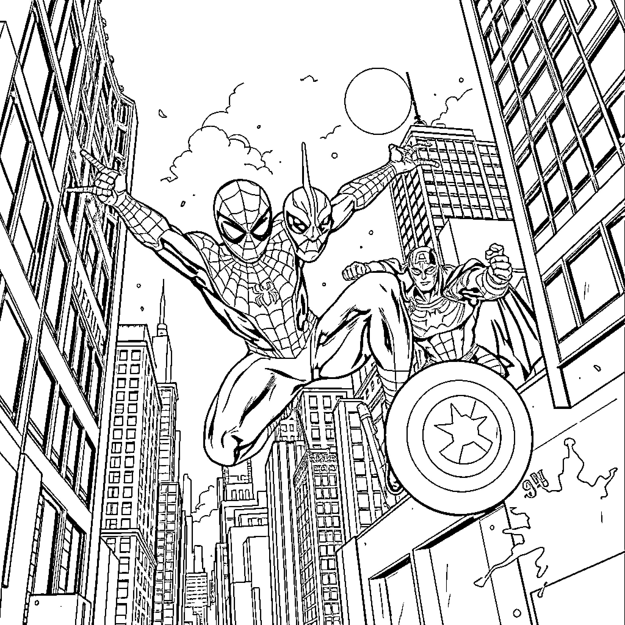 Spiderman and Captain America heroically soaring over the city Coloring Page (free black-and-white line drawing printable PDF for all, from beginners to advanced learners, including children, teens, adults, and seniors)