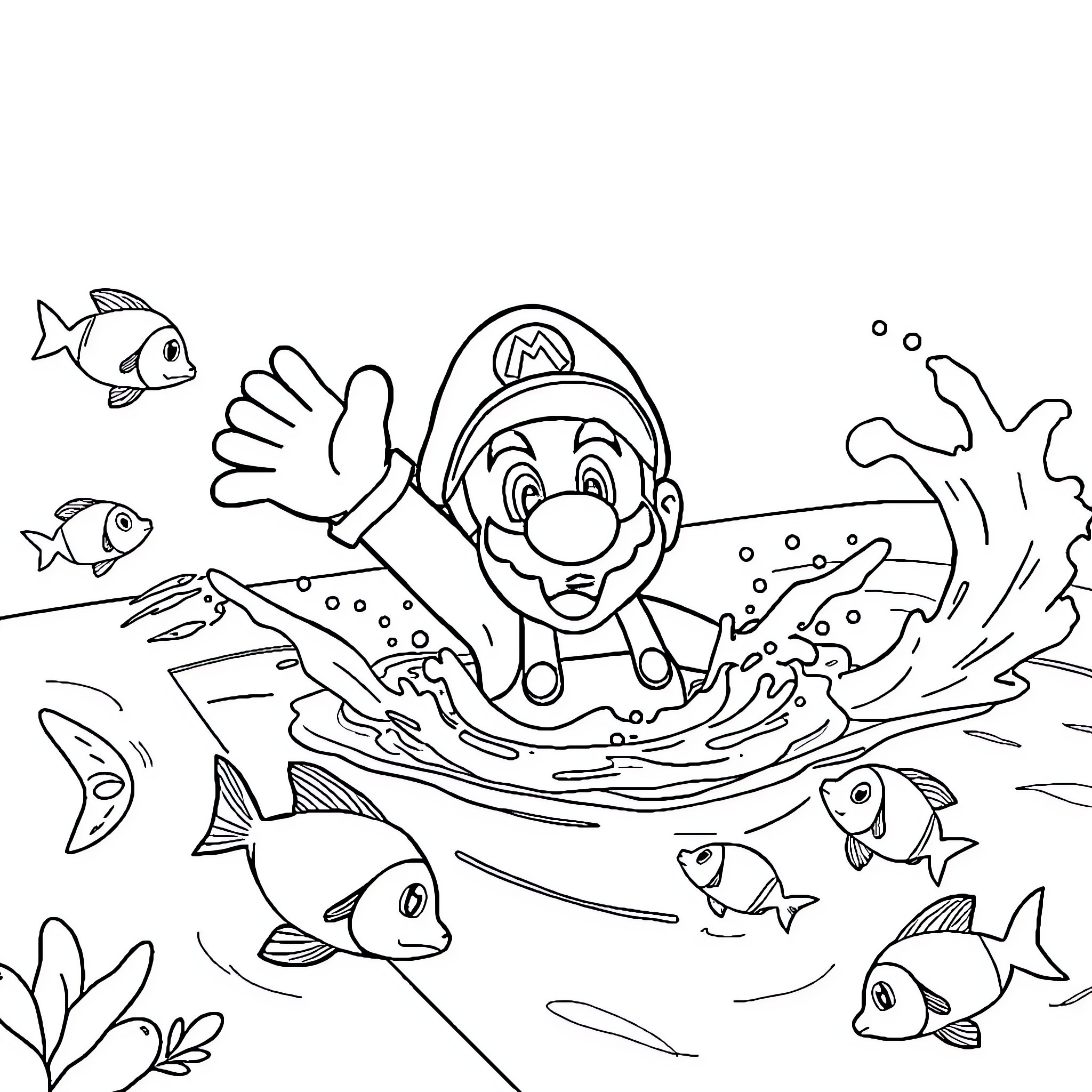 Super Mario Swimming with Underwater Aquatic Life Coloring Page (free black-and-white line drawing printable PDF for all, from beginners to advanced learners, including children, teens, adults, and seniors)
