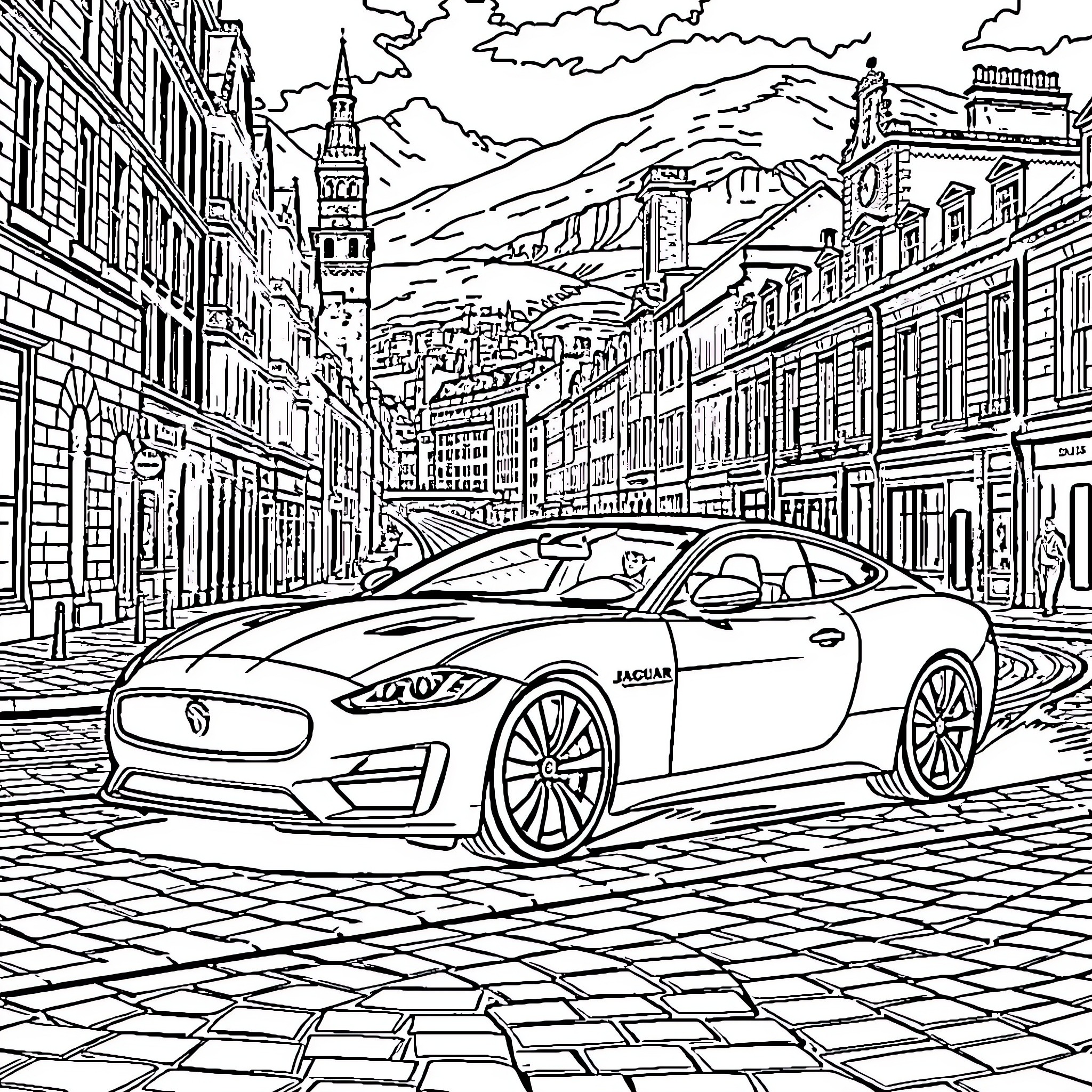 Jaguar sports car on a city street Coloring Page (free black-and-white line drawing printable PDF for all, from beginners to advanced learners, including children, teens, adults, and seniors)