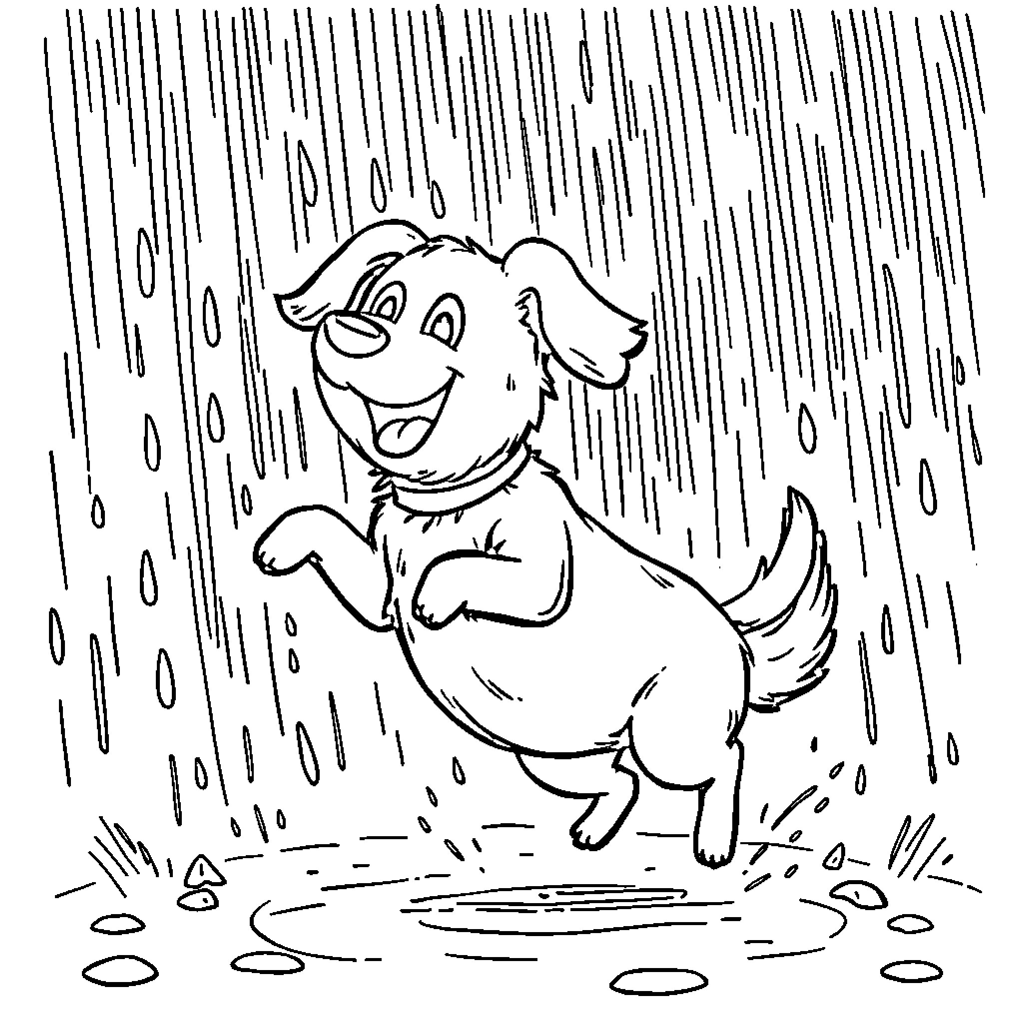Dog playing happily in the rain Coloring Page (free black-and-white line drawing printable PDF for all, from beginners to advanced learners, including children, teens, adults, and seniors)
