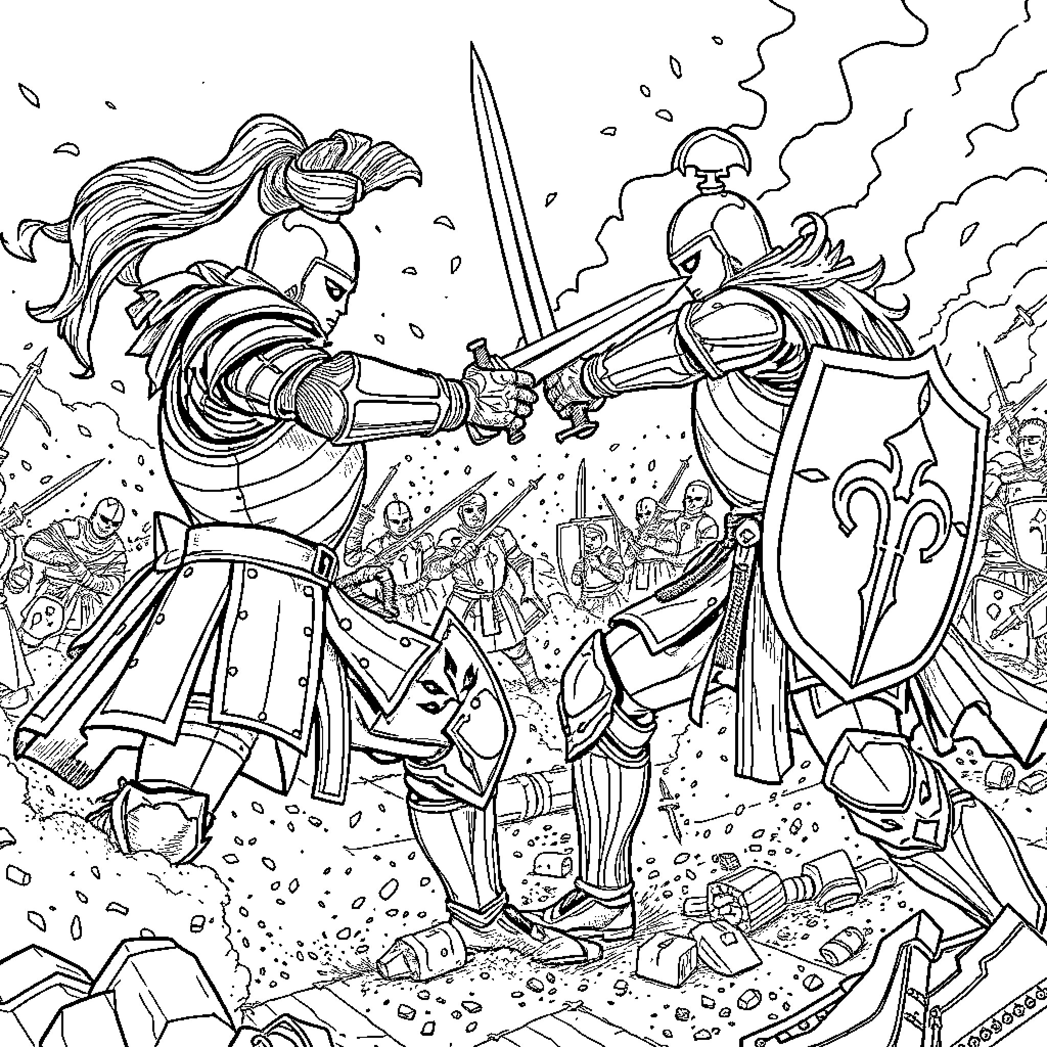 Soldiers engaged in an intense battle on the battlefield Coloring Page (free black-and-white line drawing printable PDF for all, from beginners to advanced learners, including children, teens, adults, and seniors)