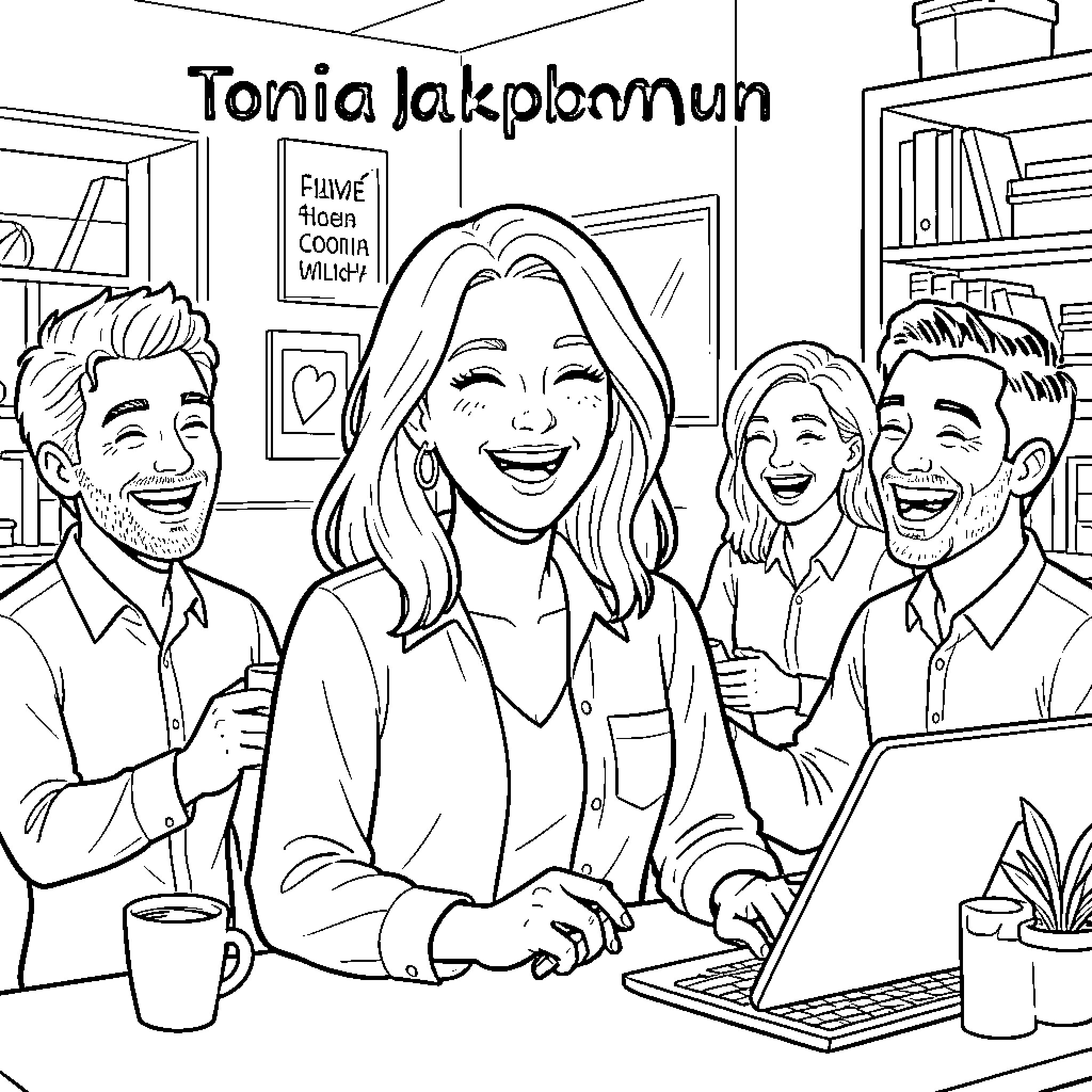 Co-worker laughing together while working in an office Coloring Page (free black-and-white line drawing printable PDF for all, from beginners to advanced learners, including children, teens, adults, and seniors)