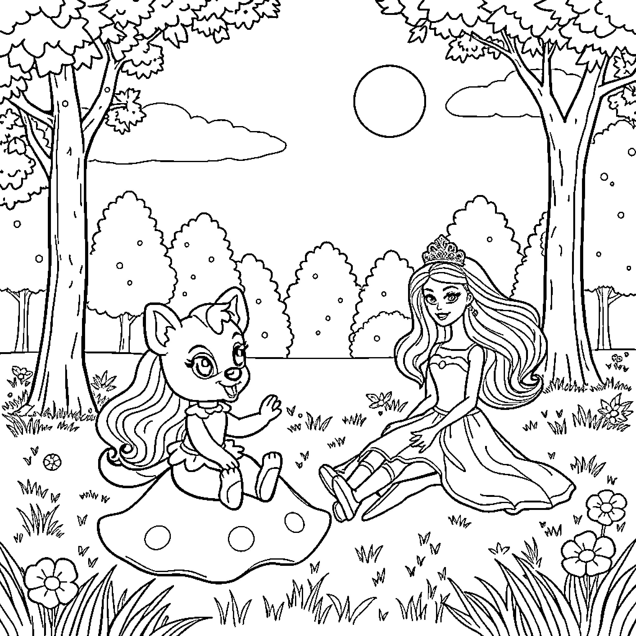 Bluey's Enchanted Forest Adventure Coloring Page (free black-and-white line drawing printable PDF for all, from beginners to advanced learners, including children, teens, adults, and seniors)