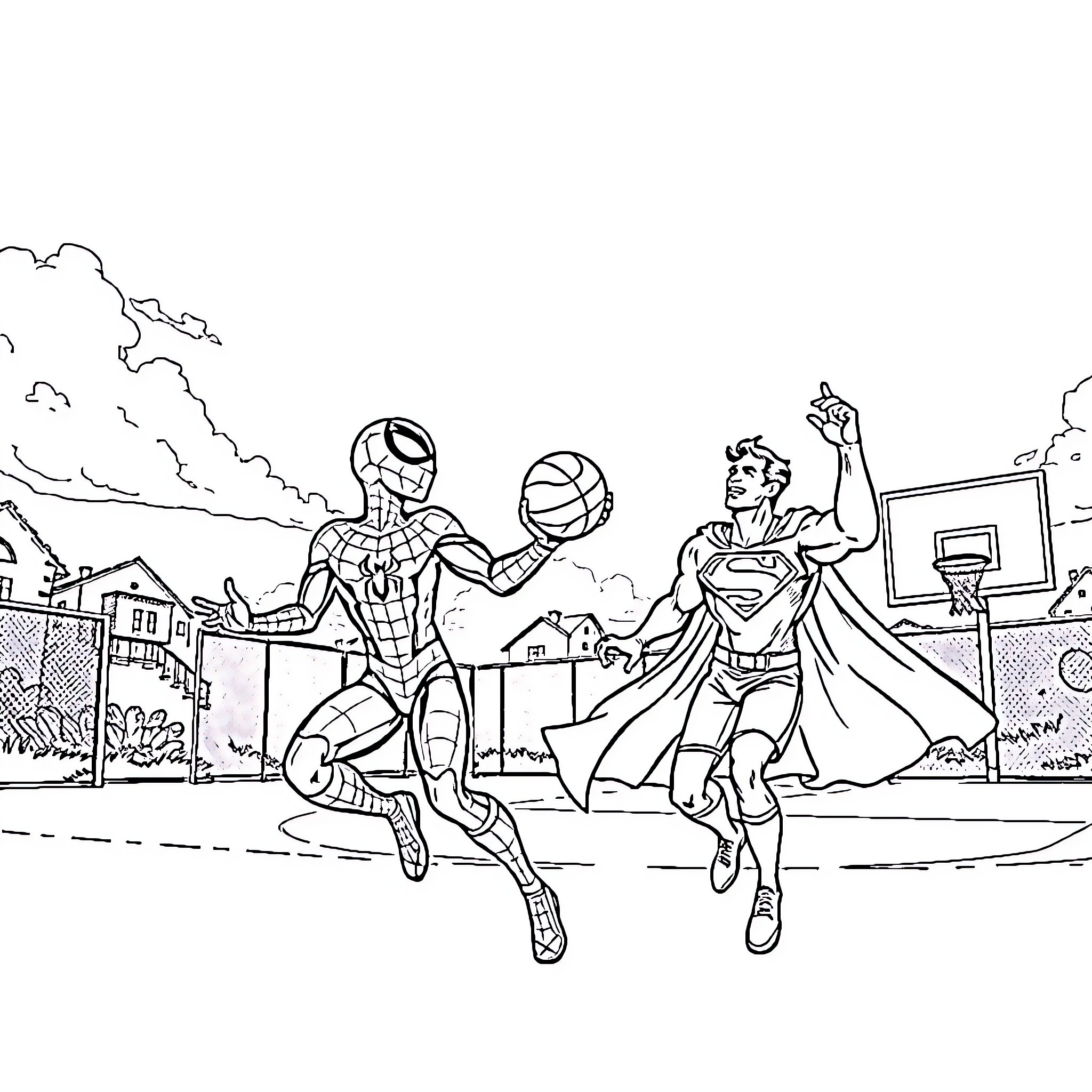Character Superheroes Playing Basketball on Outdoor Court Coloring Page (free black-and-white line drawing printable PDF for all, from beginners to advanced learners, including children, teens, adults, and seniors)