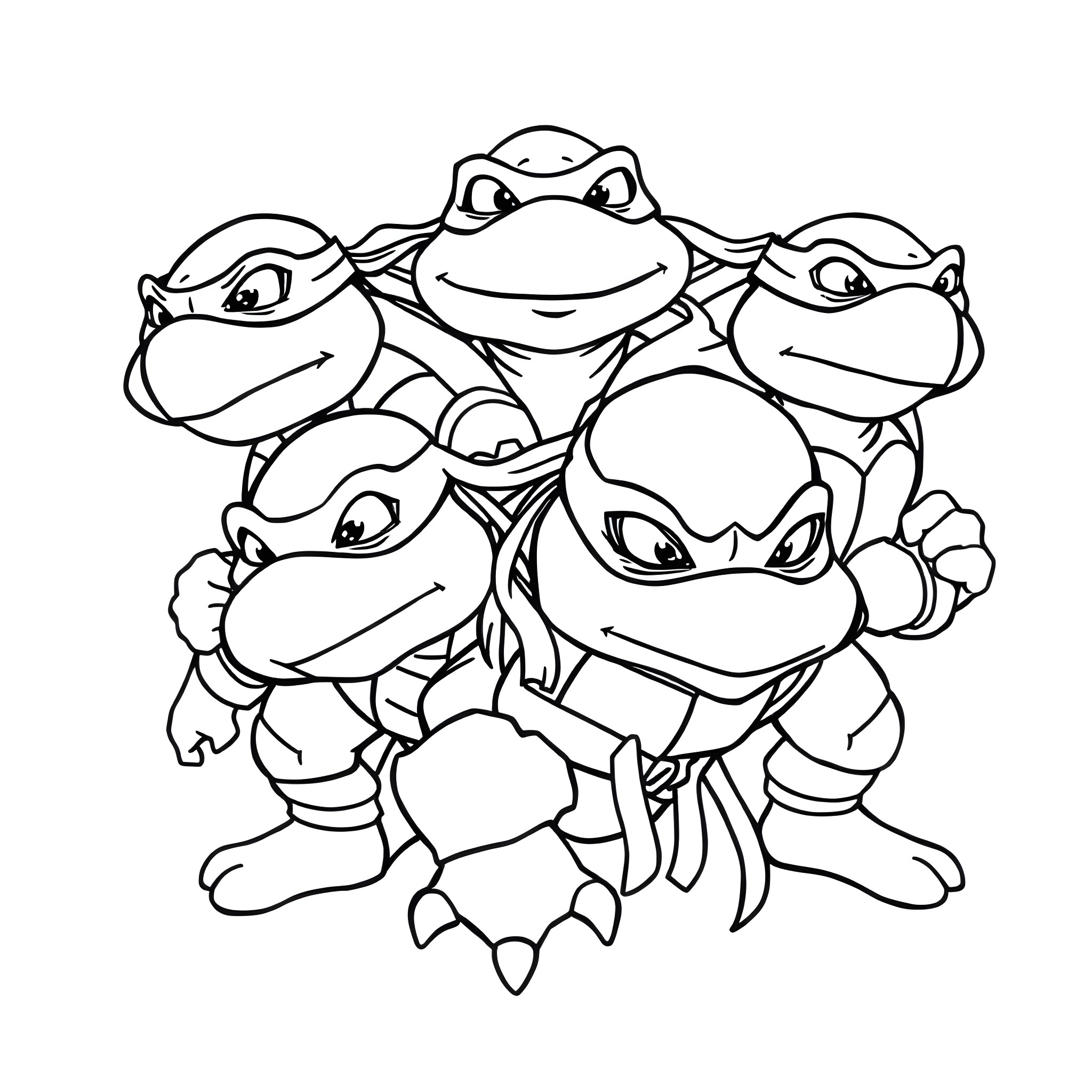 Turtle ninjas in action Coloring Page (free black-and-white line drawing printable PDF for all, from beginners to advanced learners, including children, teens, adults, and seniors)