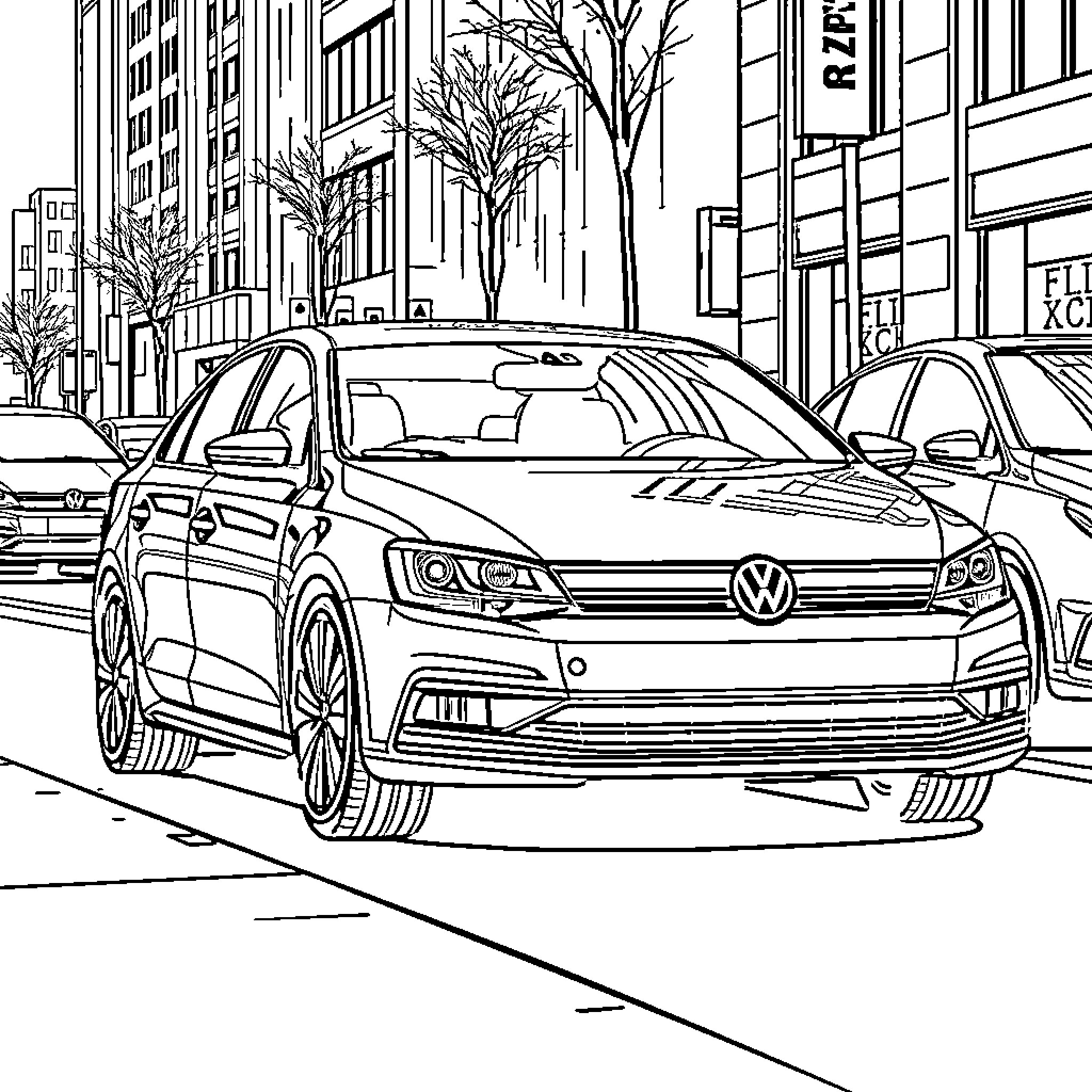 Volkswagen Jetta on a city street Coloring Page (free black-and-white line drawing printable PDF for all, from beginners to advanced learners, including children, teens, adults, and seniors)
