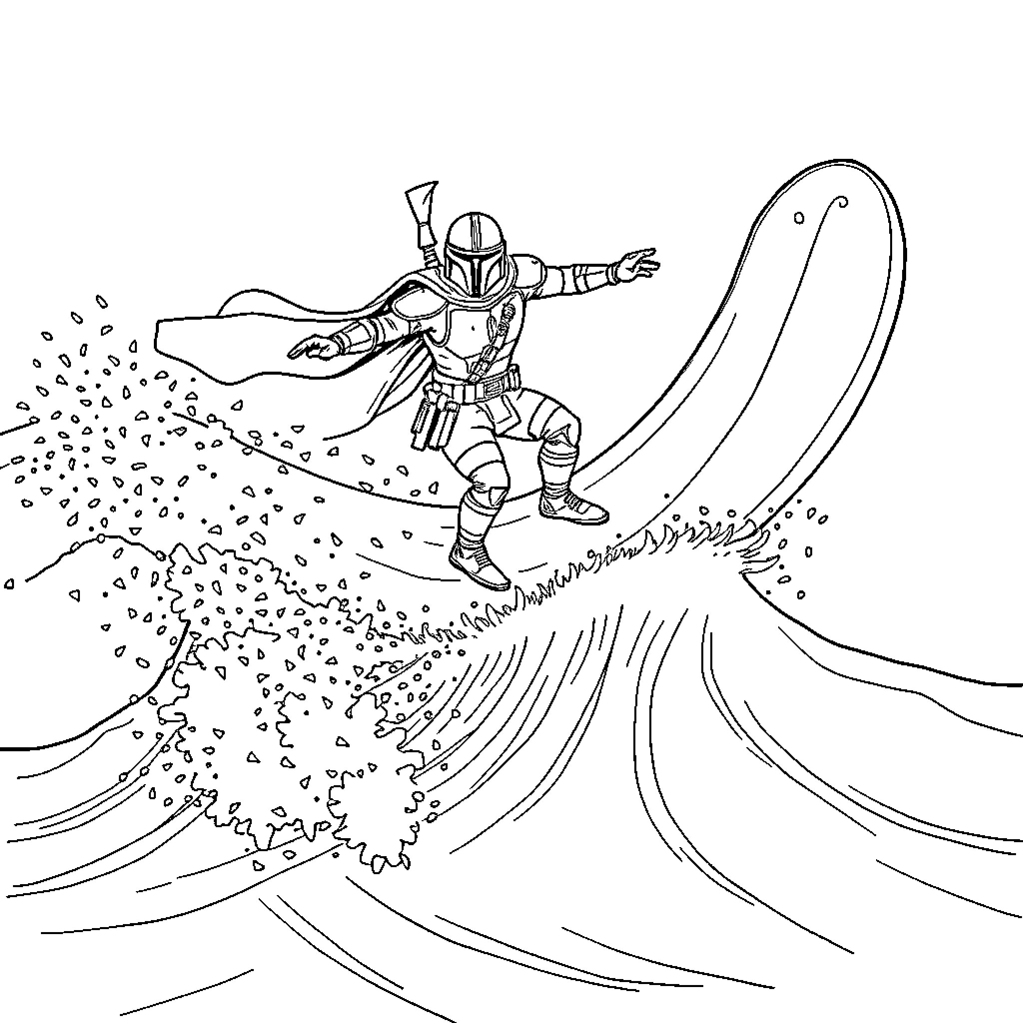 Mandalorian Surfer Battles Fierce Waves Coloring Page (free black-and-white line drawing printable PDF for all, from beginners to advanced learners, including children, teens, adults, and seniors)