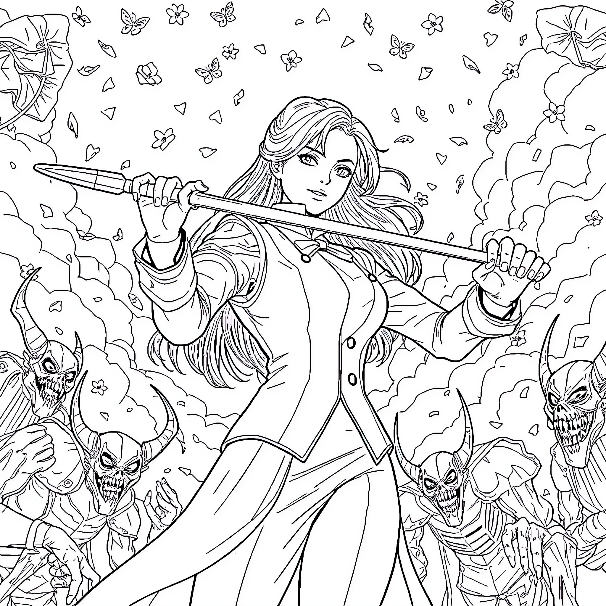 Demon Slayer Battles Fearsome Foes with Determination Coloring Page (free black-and-white line drawing printable PDF for all, from beginners to advanced learners, including children, teens, adults, and seniors)