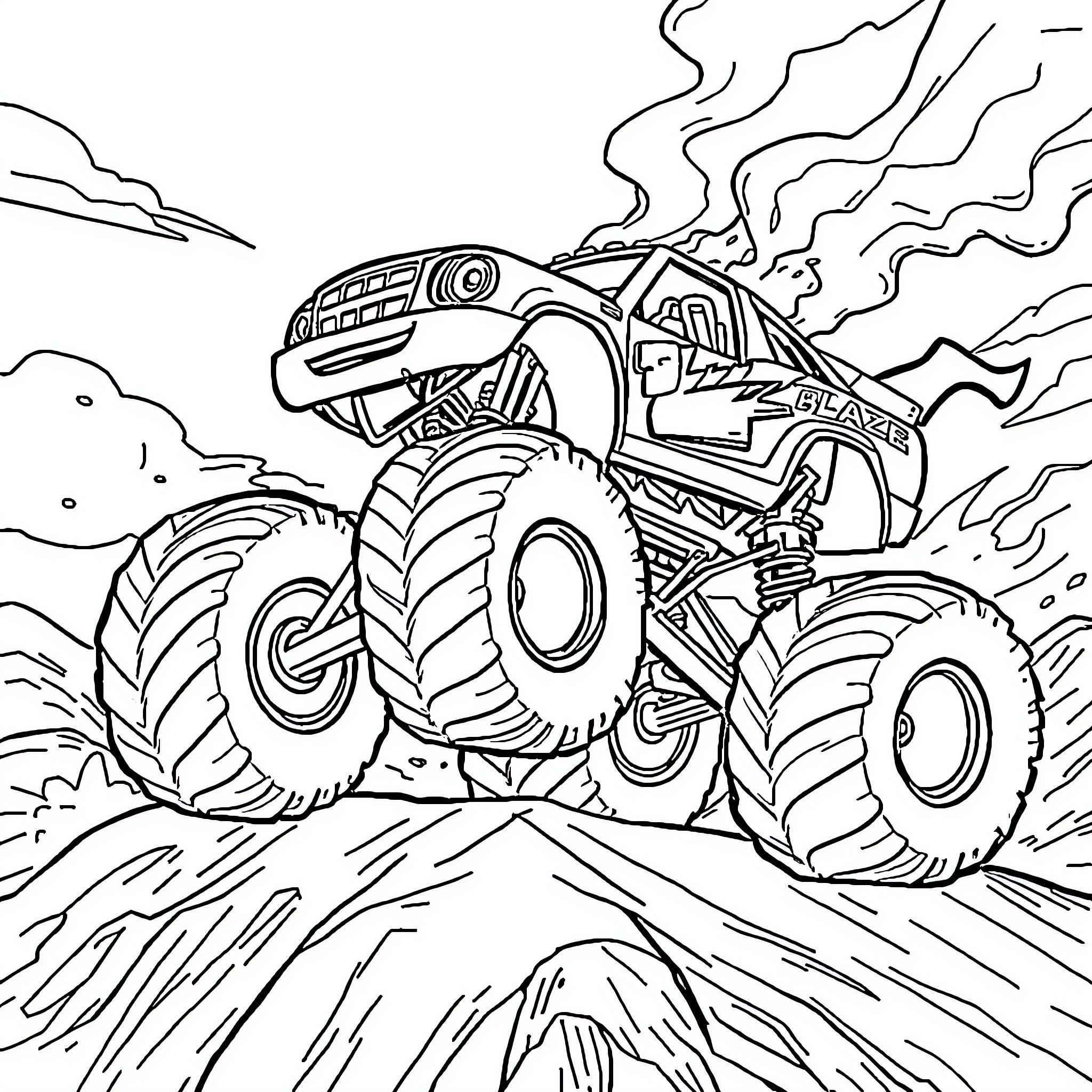 Monster Truck Crushing Through Rocky Terrain Coloring Page (free black-and-white line drawing printable PDF for all, from beginners to advanced learners, including children, teens, adults, and seniors)