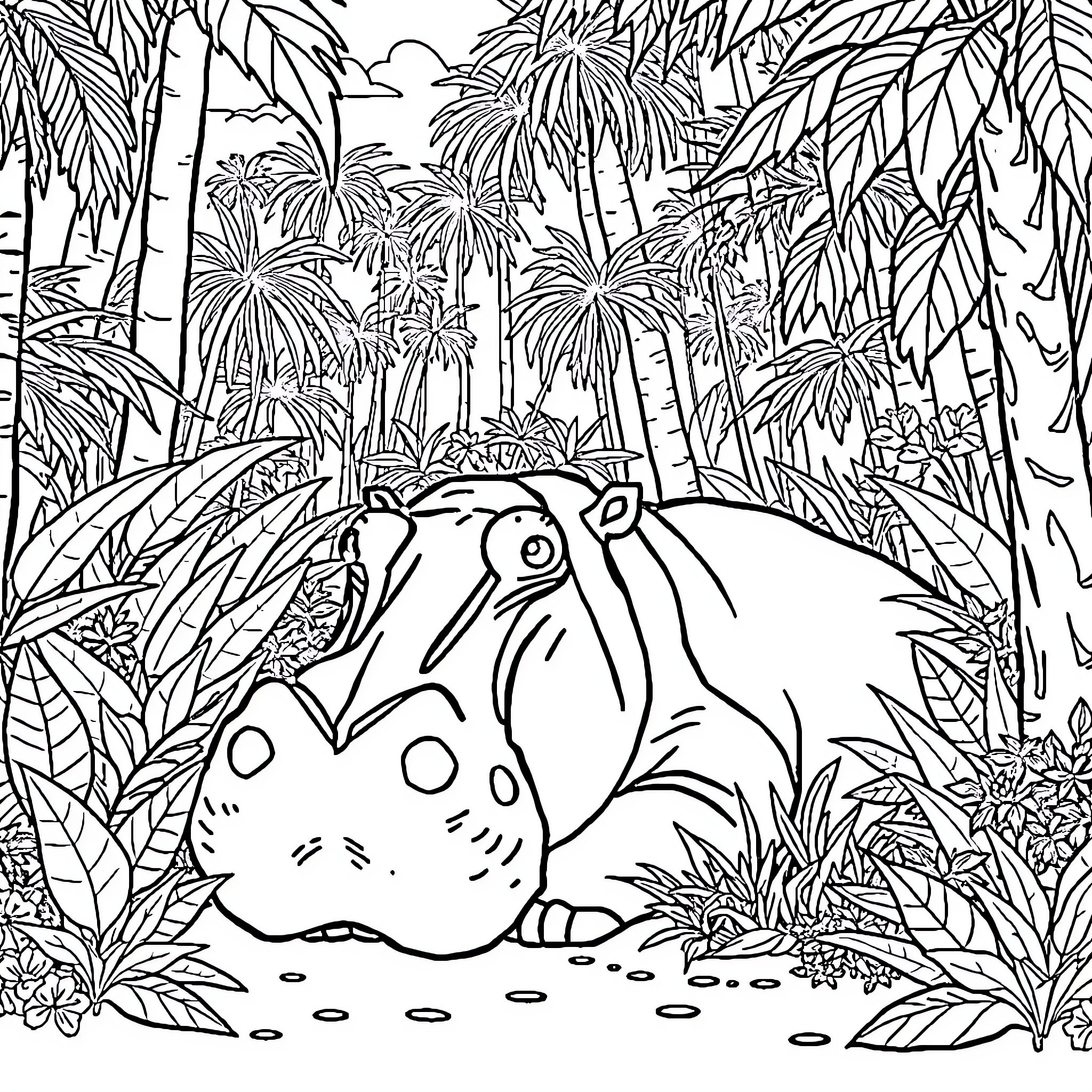 Hippopotamus resting in lush tropical jungle Coloring Page (free black-and-white line drawing printable PDF for all, from beginners to advanced learners, including children, teens, adults, and seniors)