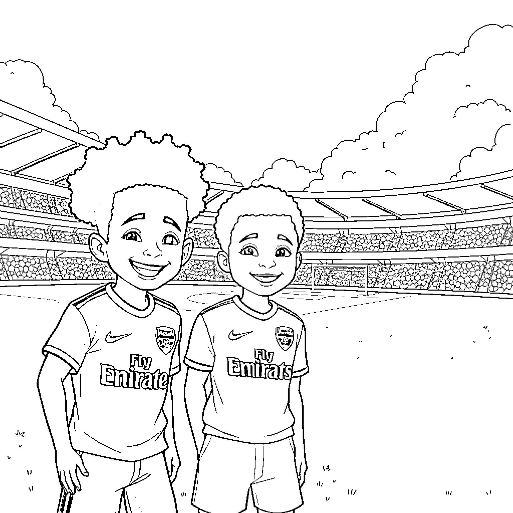 Kid soccer players on the field Coloring Page (free black-and-white line drawing printable PDF for all, from beginners to advanced learners, including children, teens, adults, and seniors)