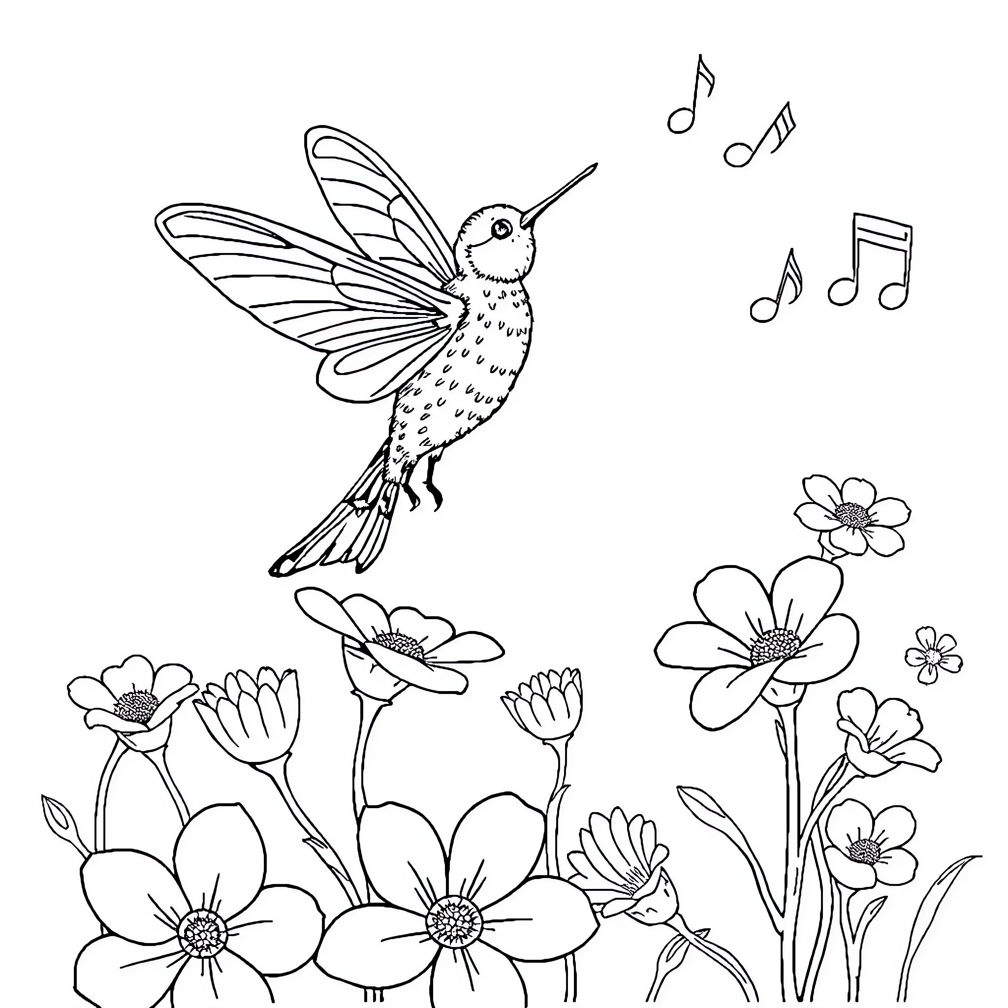 Dragonfly dancing among vibrant flowers Coloring Page (free black-and-white line drawing printable PDF for all, from beginners to advanced learners, including children, teens, adults, and seniors)