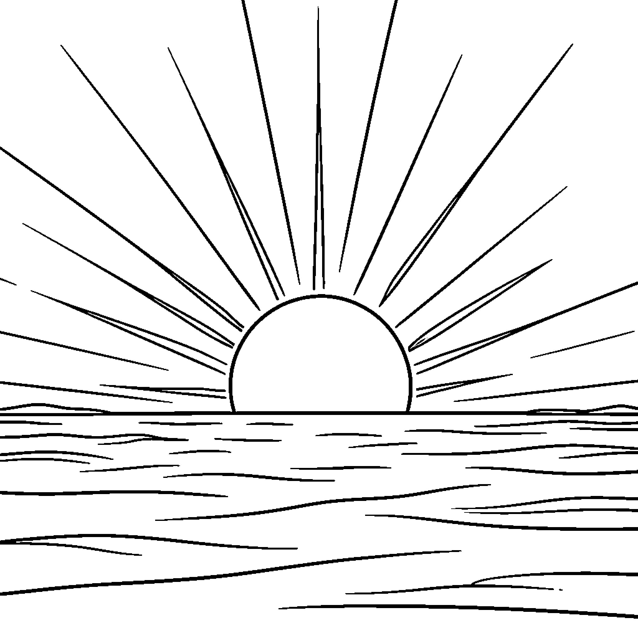 Sun rising over the calm ocean waves Coloring Page (free black-and-white line drawing printable PDF for all, from beginners to advanced learners, including children, teens, adults, and seniors)